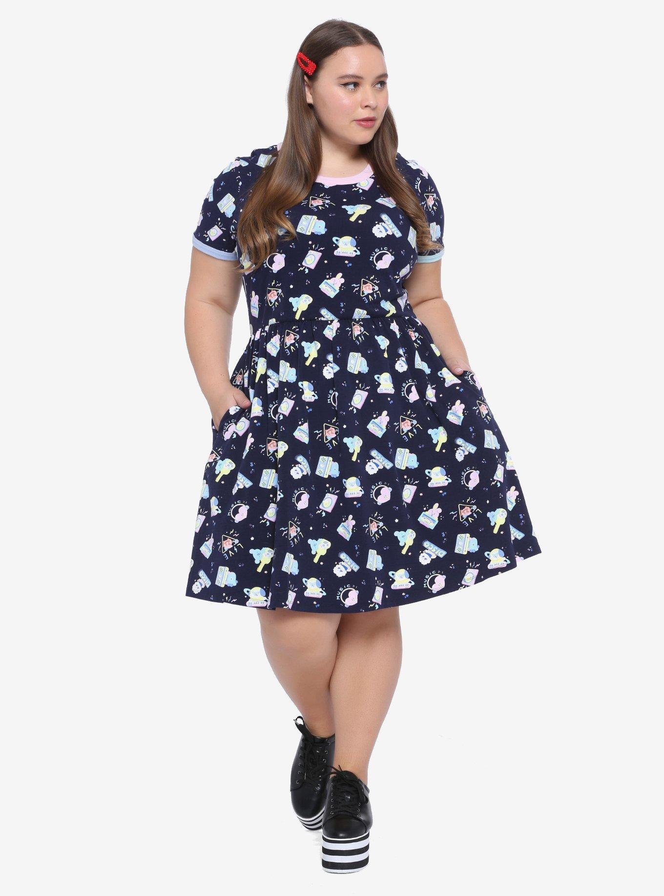 BT21 Pastel Music Print Ringer Dress Plus Size, BLACK, alternate