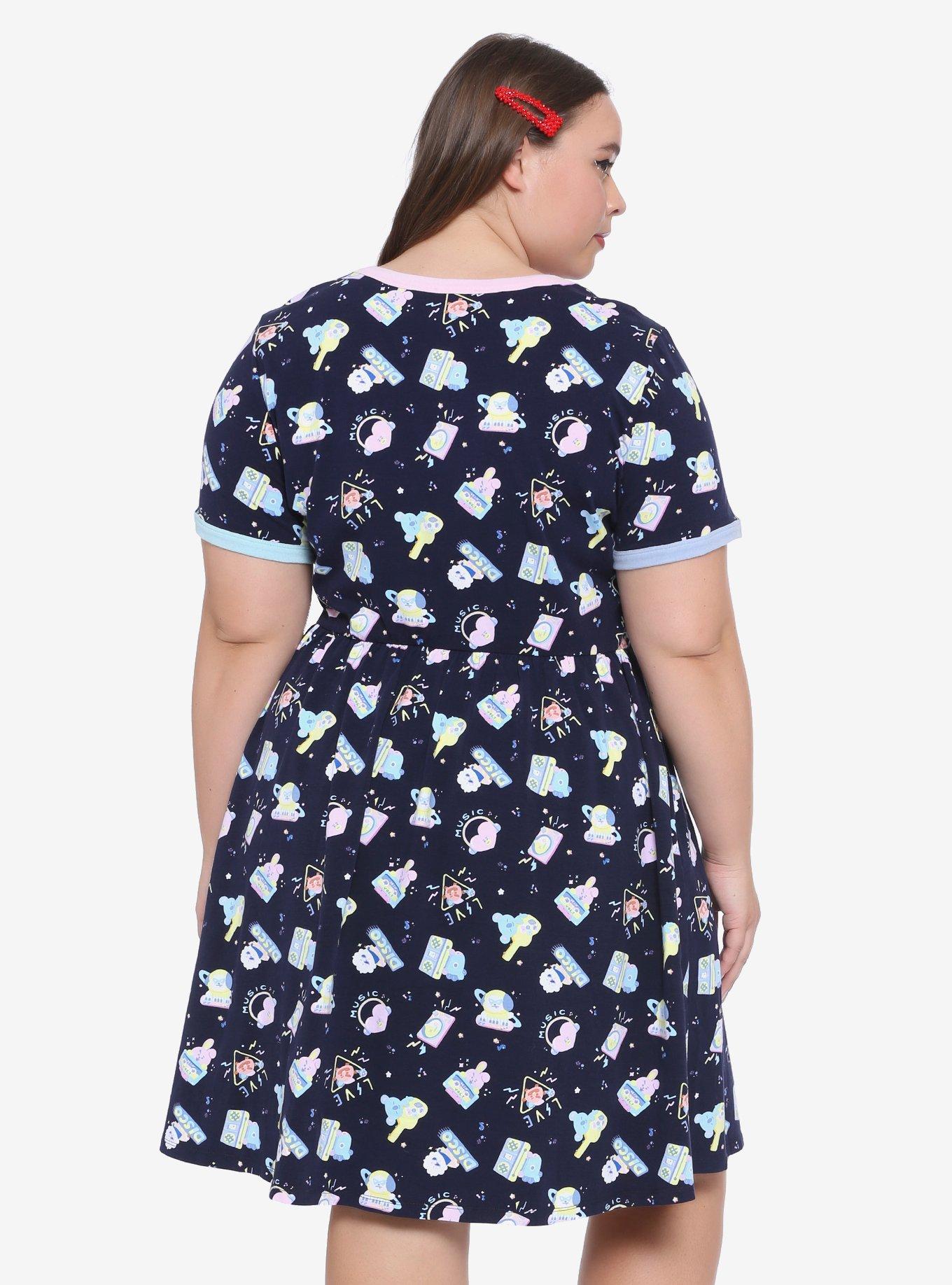 BT21 Pastel Music Print Ringer Dress Plus Size, BLACK, alternate