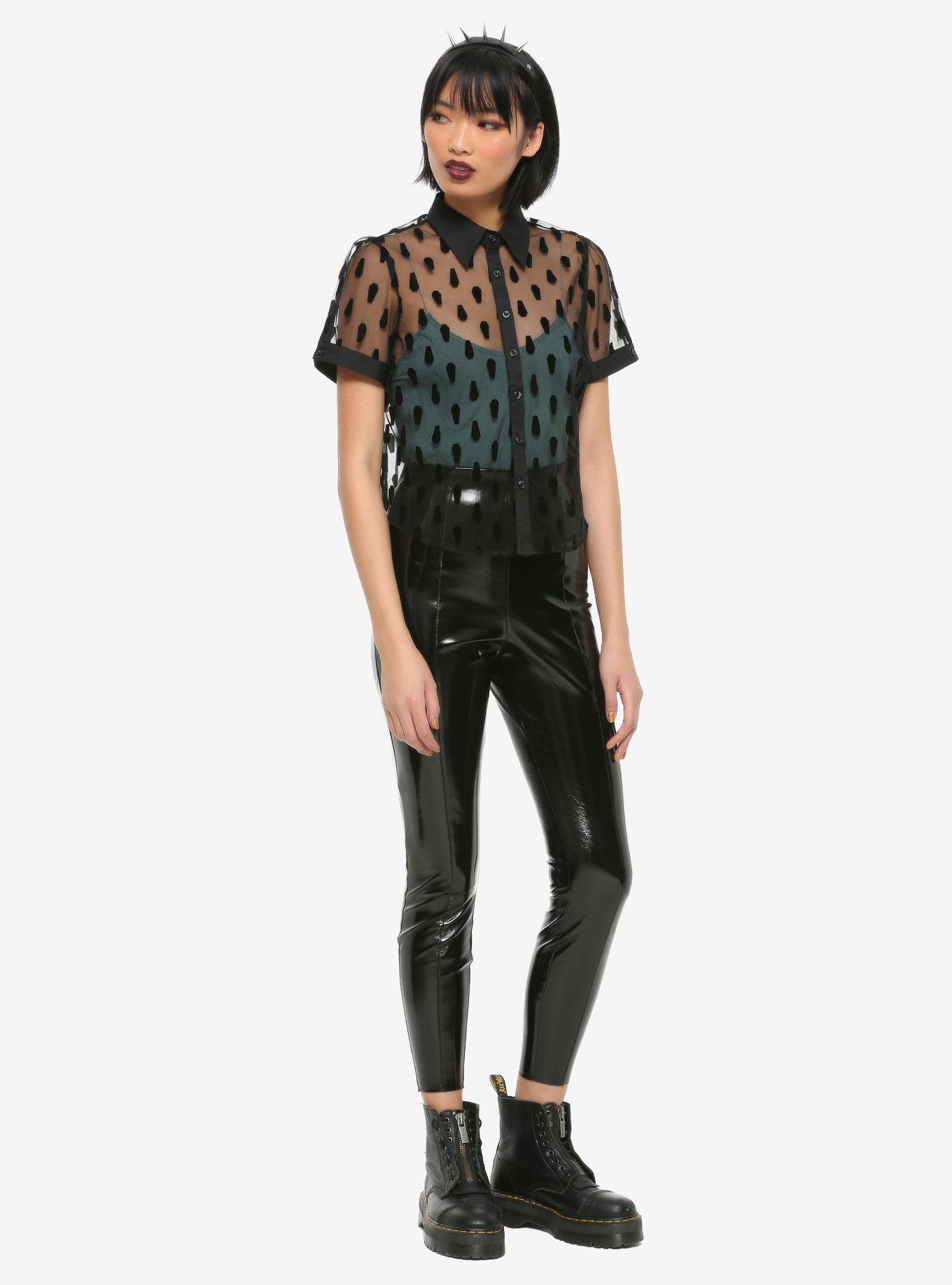 Black Flocked Coffin Sheer Girls Button-Up, BLACK, alternate