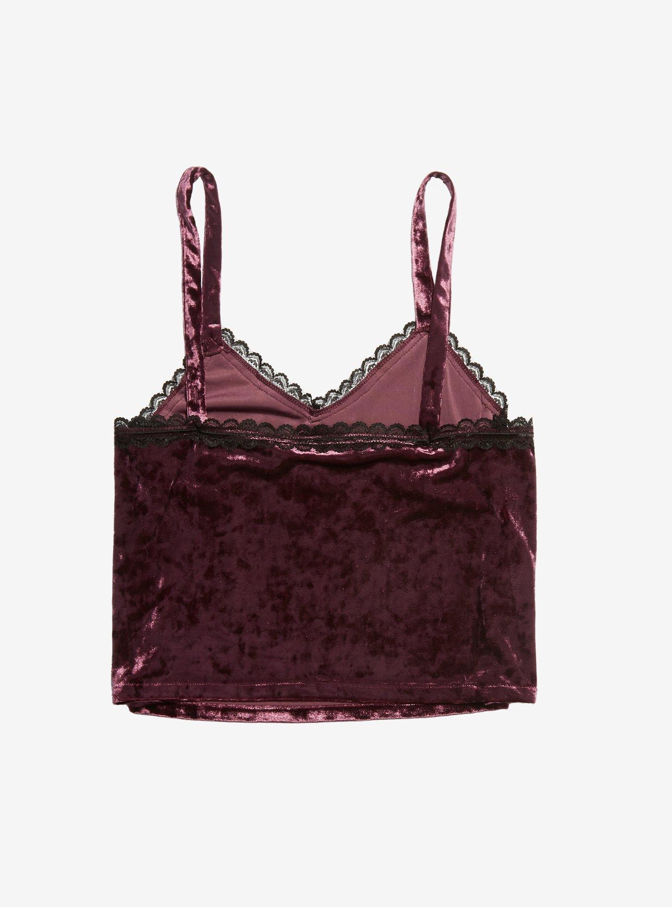 Purple Velvet Crystal Lace Girls Strappy Crop Tank Top, BURGUNDY, alternate