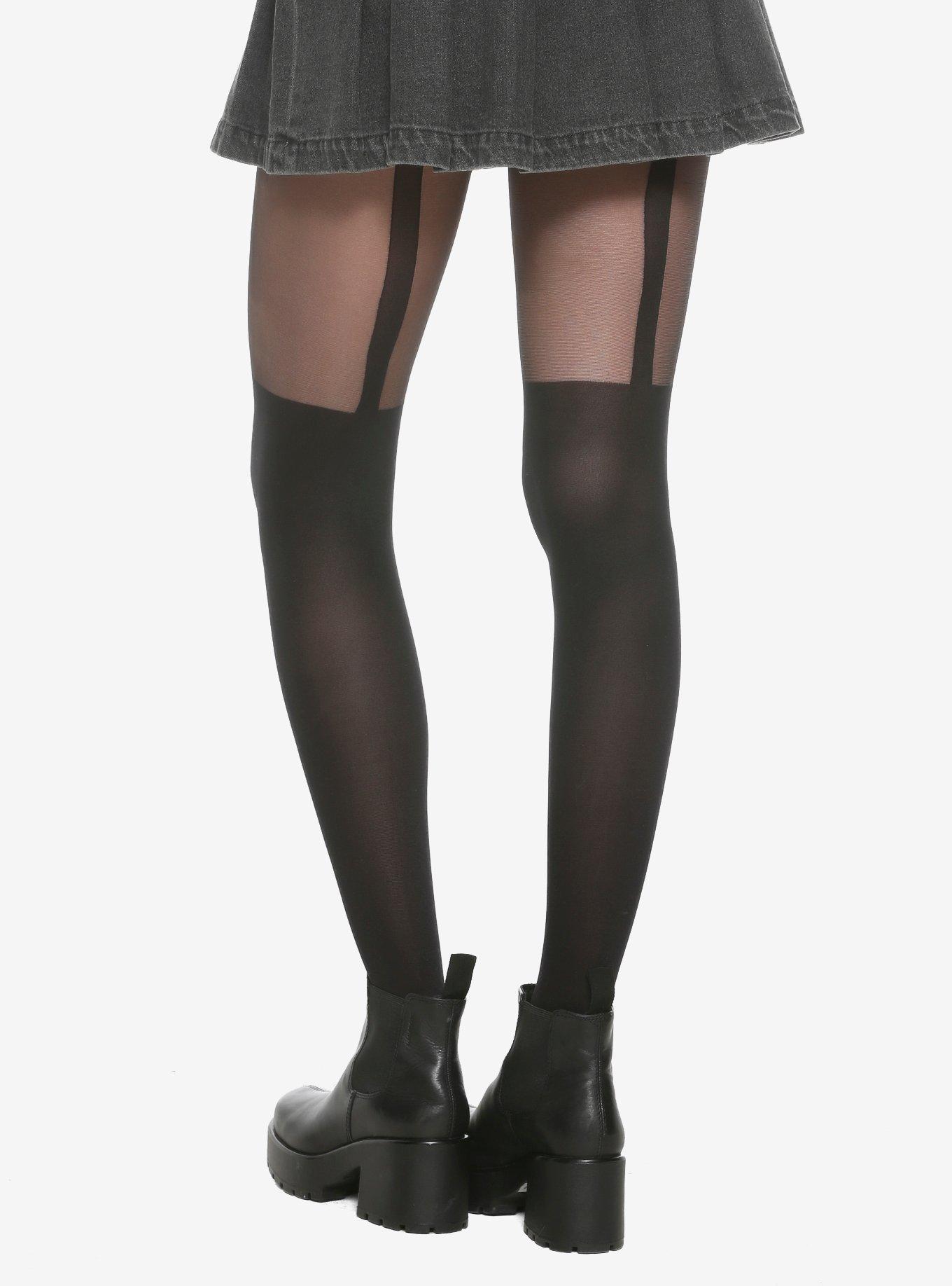 Black Garter Faux Thigh High Tights, , alternate