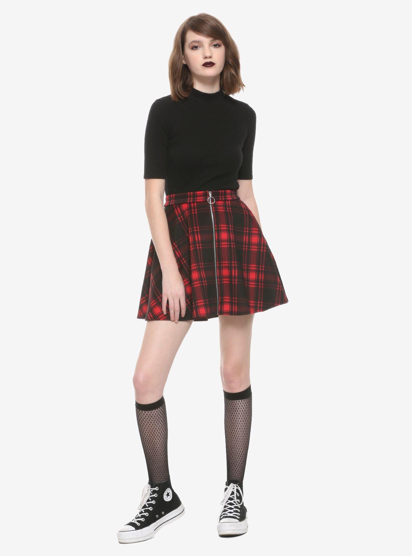 Black & Red Plaid O-Ring Skater Skirt, PLAID - RED, alternate