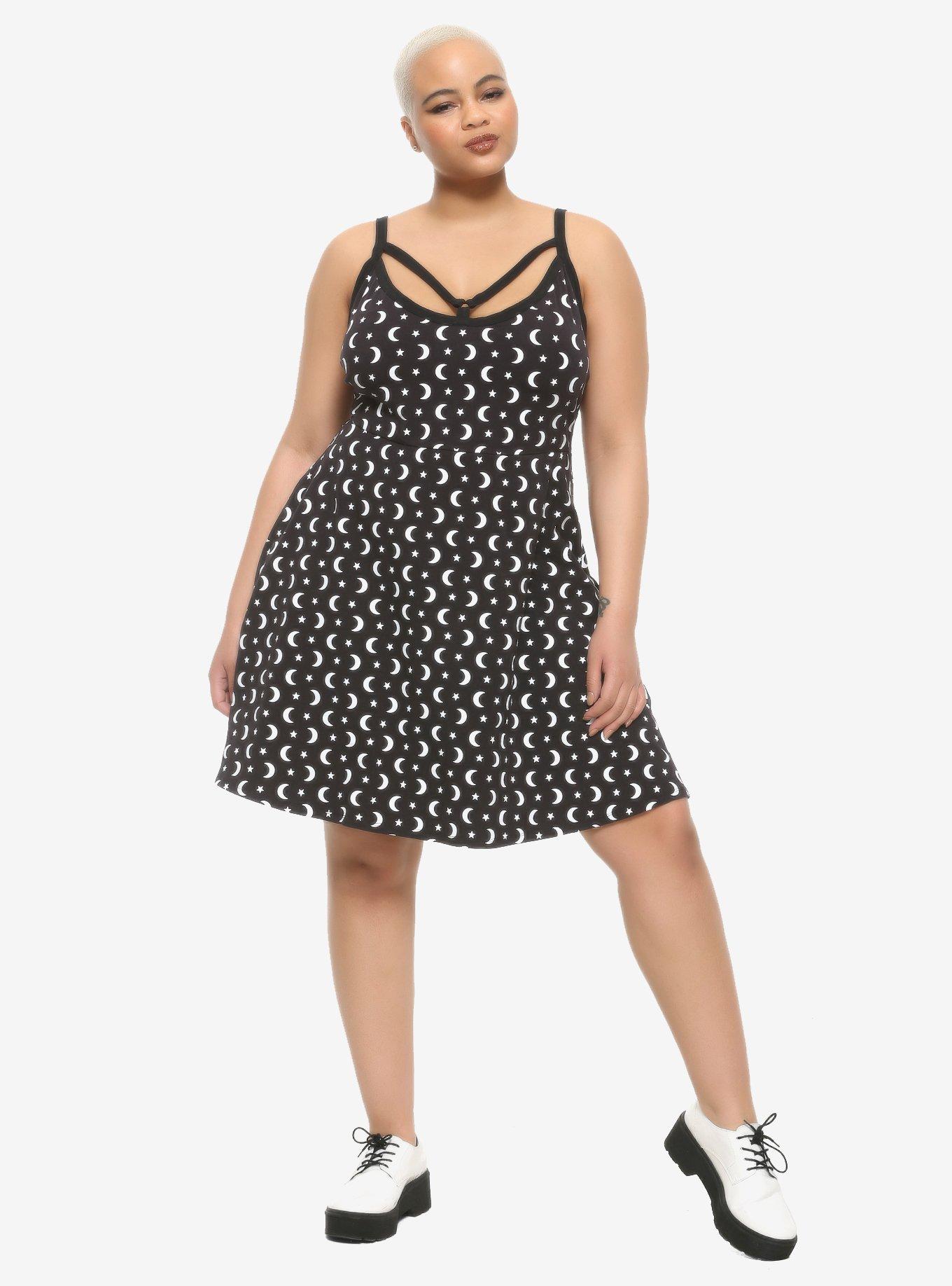 Black & White Moons & Stars Strappy Dress Plus Size, BLACK, alternate