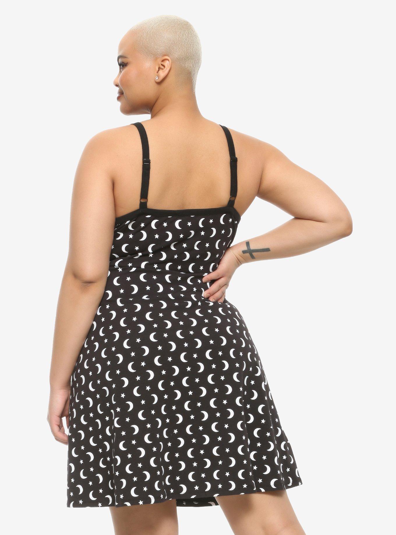 Black & White Moons & Stars Strappy Dress Plus Size, BLACK, alternate