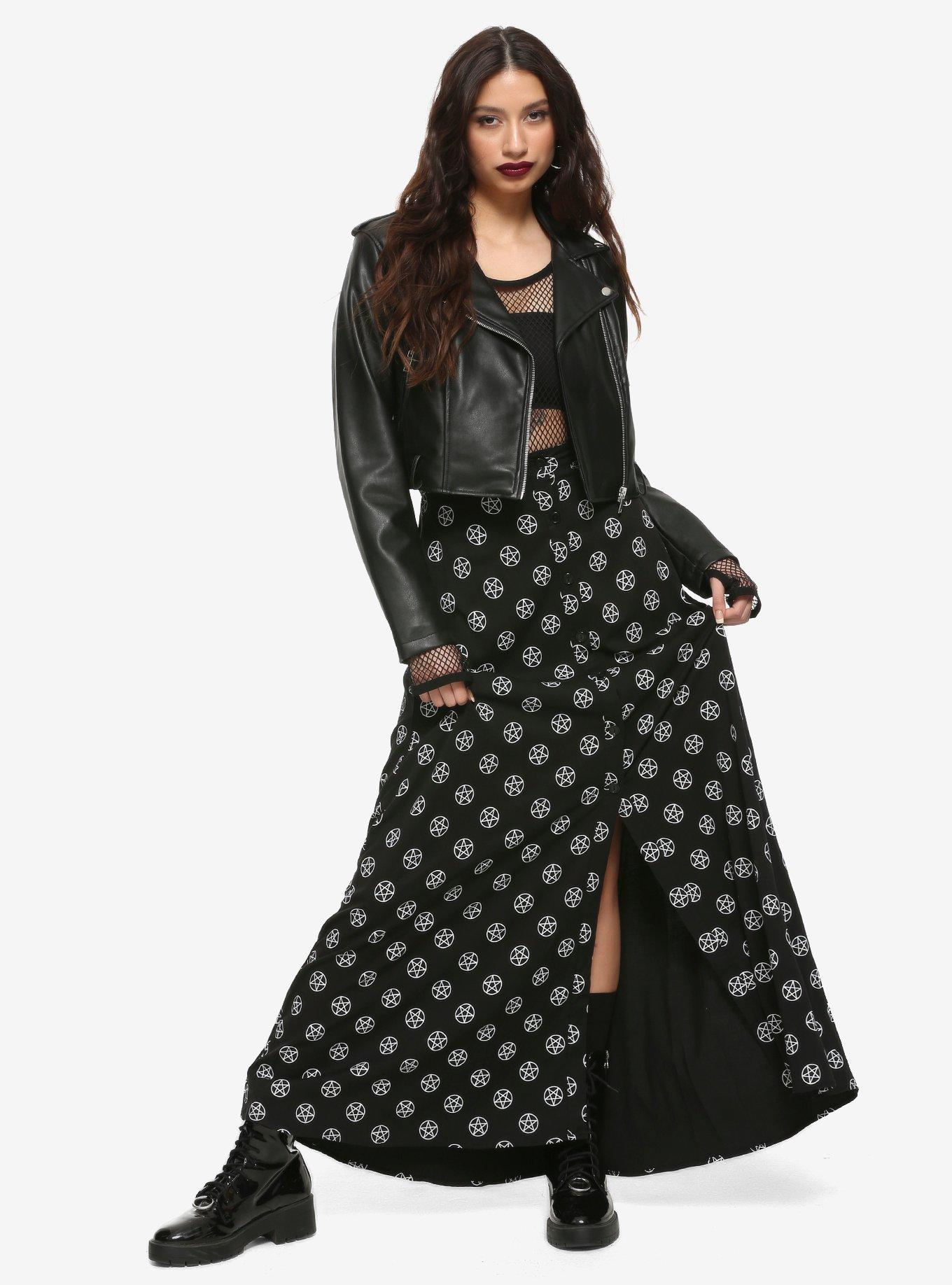 Black & White Pentagrams Maxi Skirt, BLACK, alternate