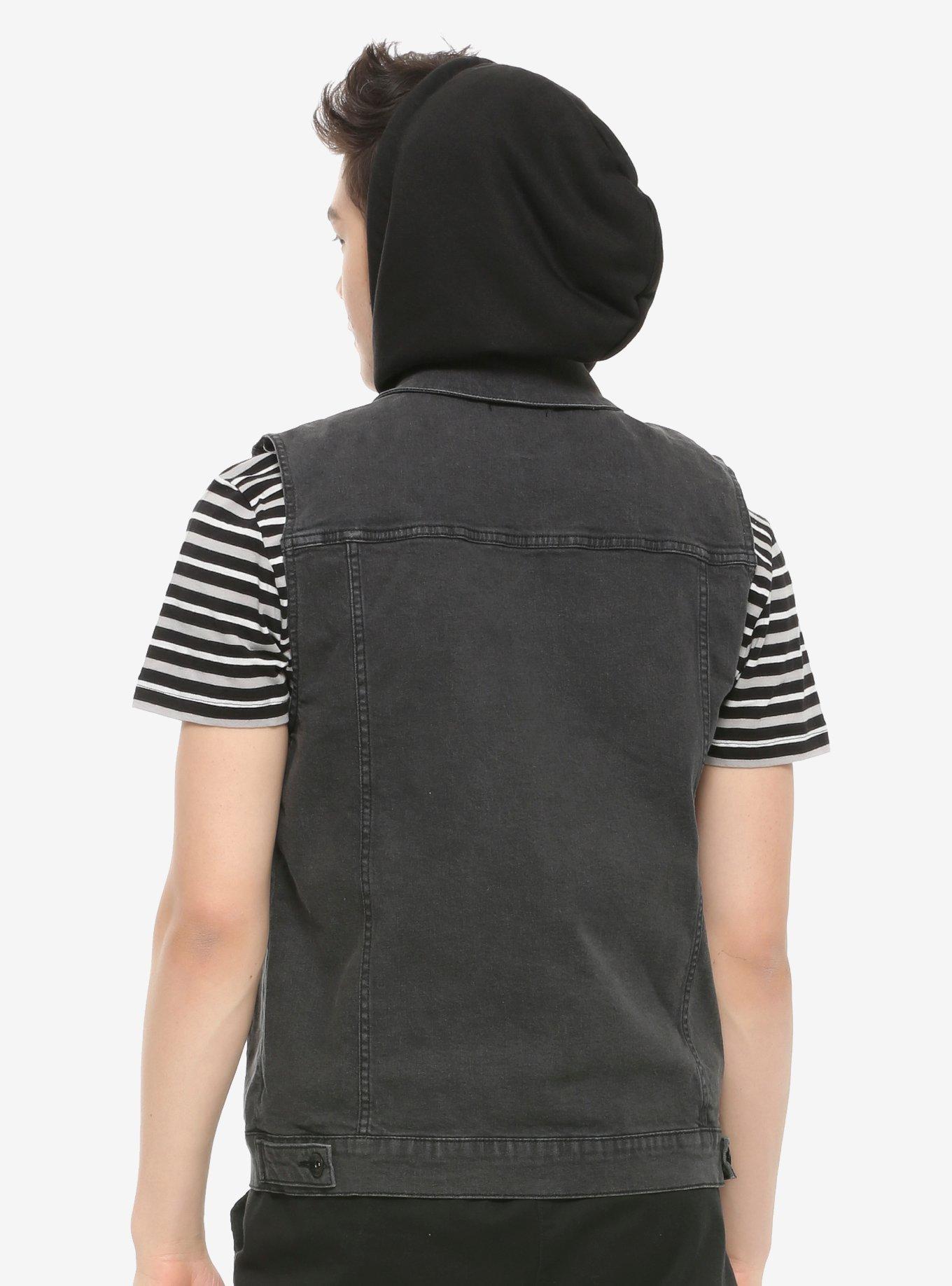 Black Washed Removable Hood Denim Vest, BLACK, alternate