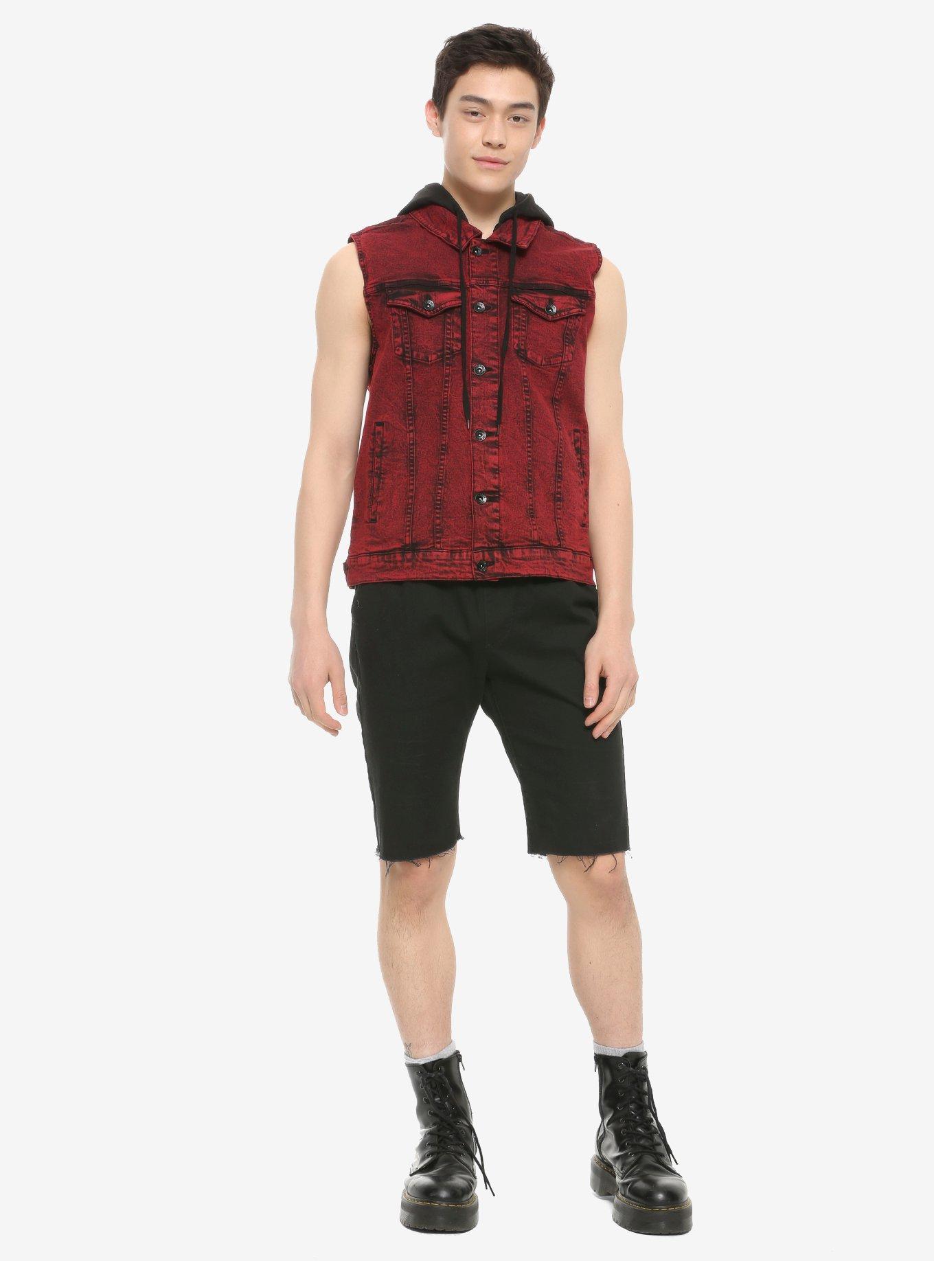 Red Acid Wash Removable Hood Denim Vest, RED, alternate