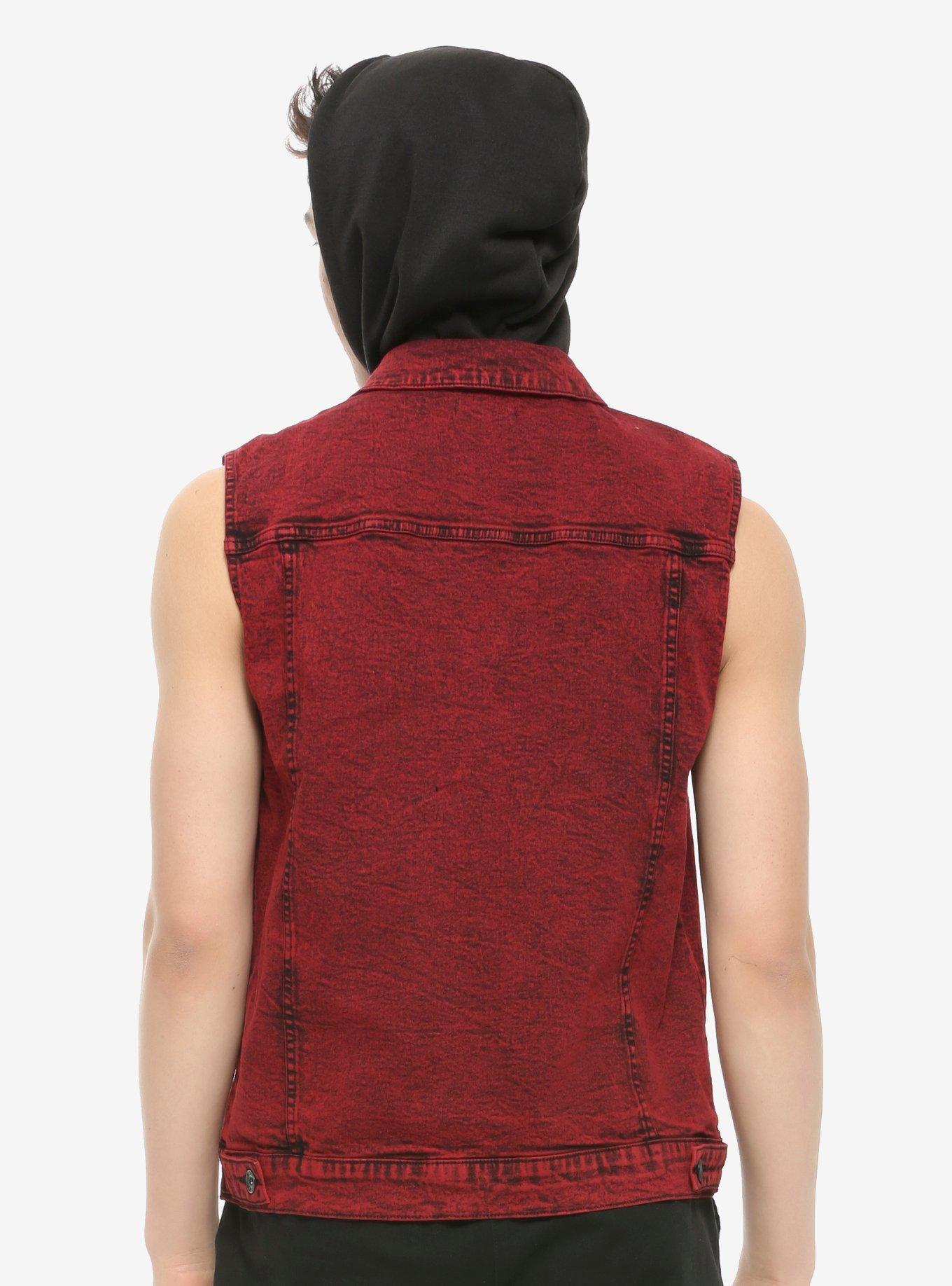 Red Acid Wash Removable Hood Denim Vest, RED, alternate
