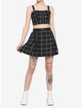 Black & White Plaid Pleated Skirt With Grommet Belt, PLAID - BLACK, alternate