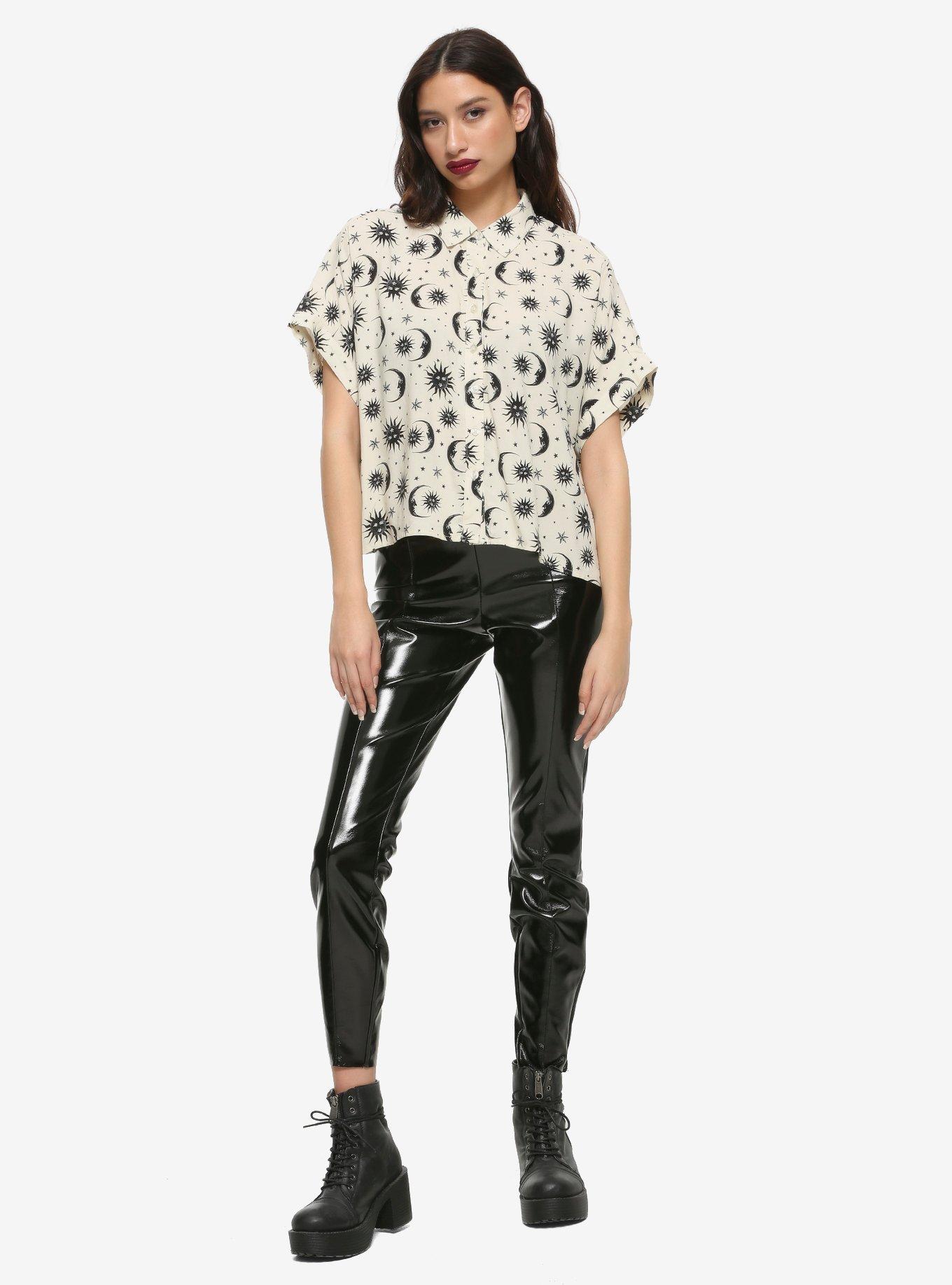 Cream & Black Celestial Girls Oversized Crop Button-Up, BLACK, alternate