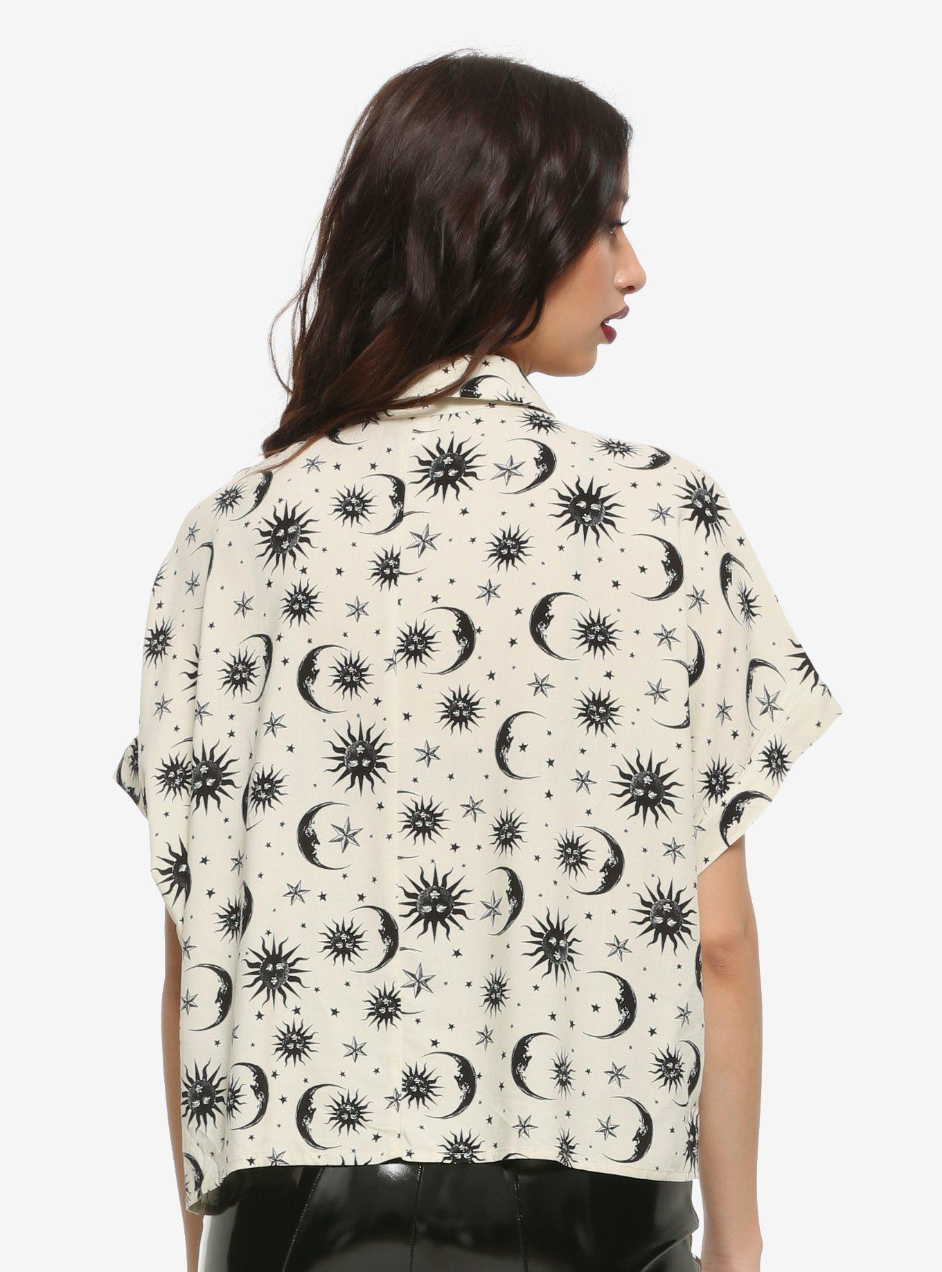 Cream & Black Celestial Girls Oversized Crop Button-Up, BLACK, alternate