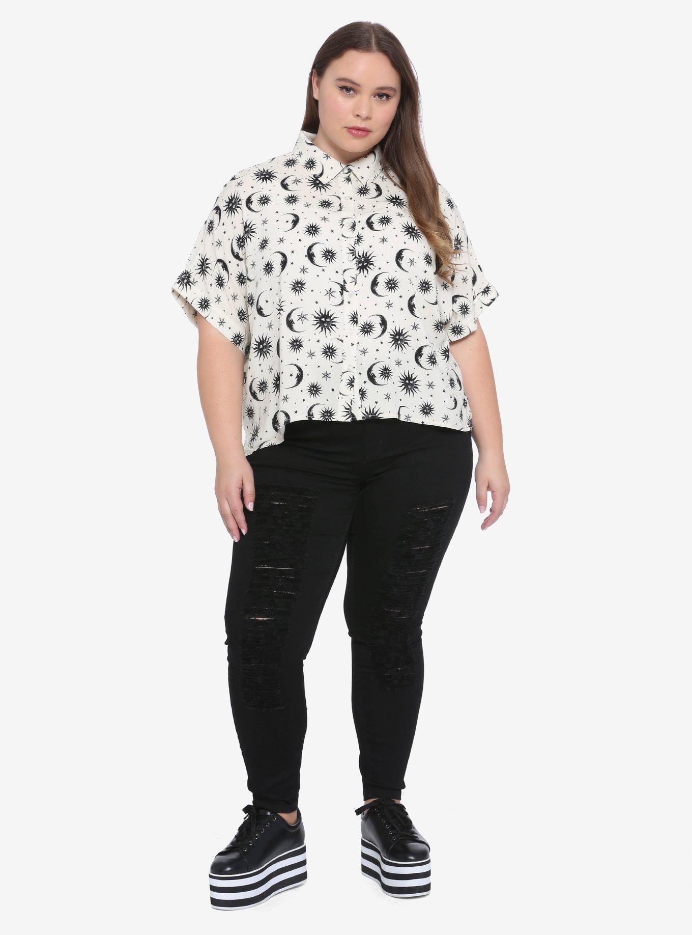 Cream & Black Celestial Girls Oversized Crop Button-Up Plus Size, BLACK, alternate