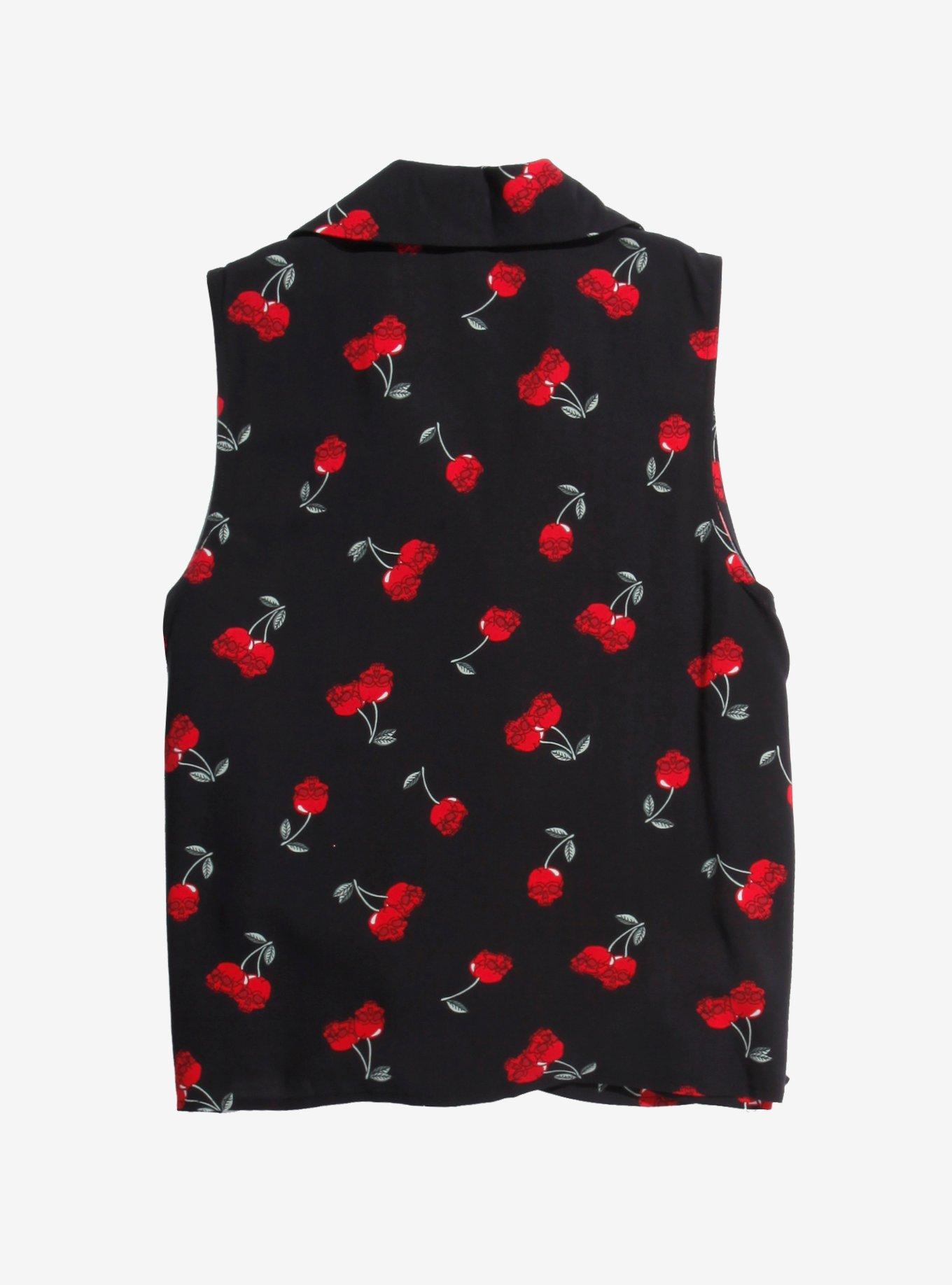 Cherry Skull Tie-Front Girls Woven Tank Top, RED, alternate