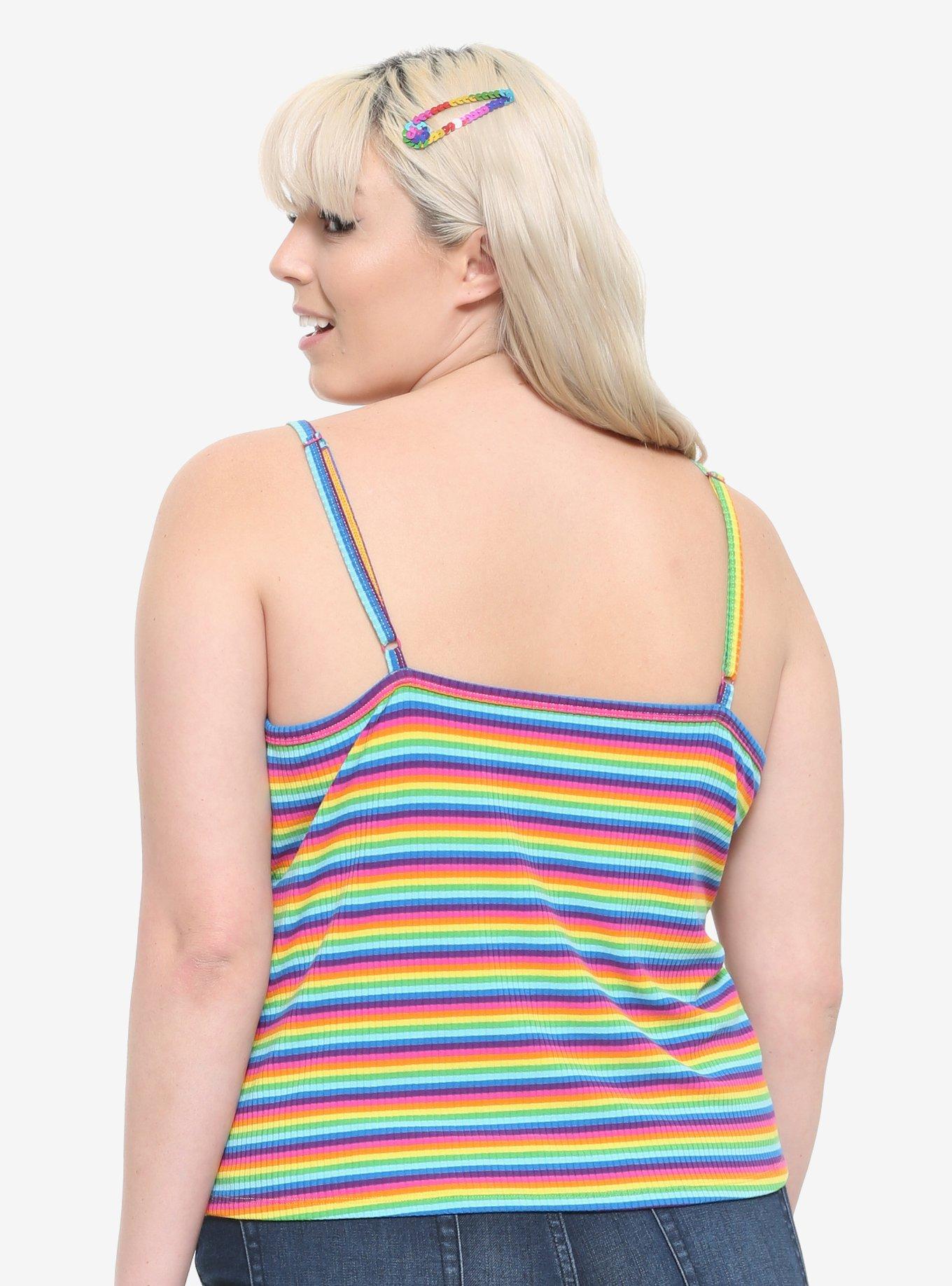 Rainbow Stripe Girls Strappy Tank Top Plus Size, RAINBOW, alternate