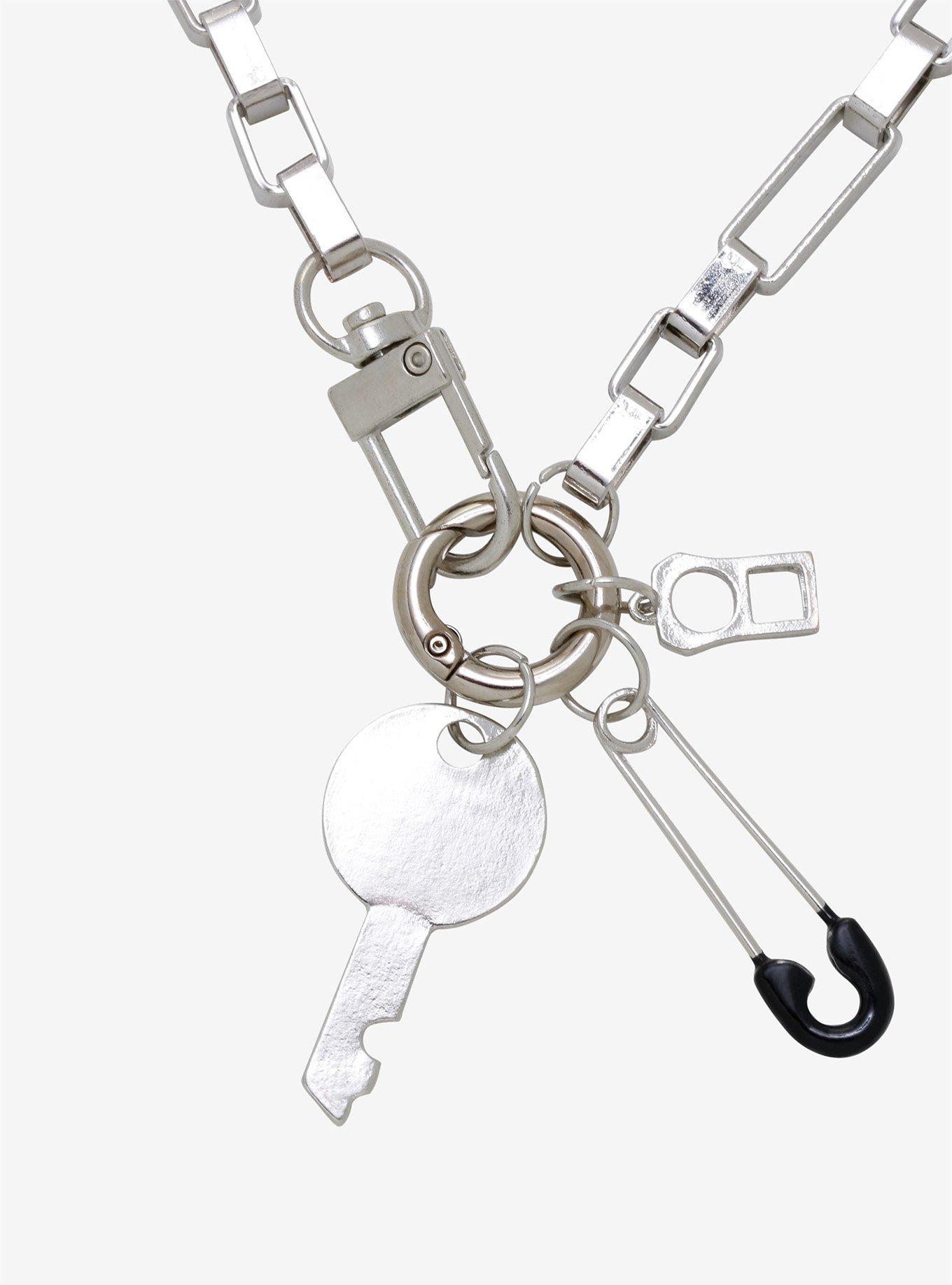 Safety Pin Key Charm Necklace Set, , alternate