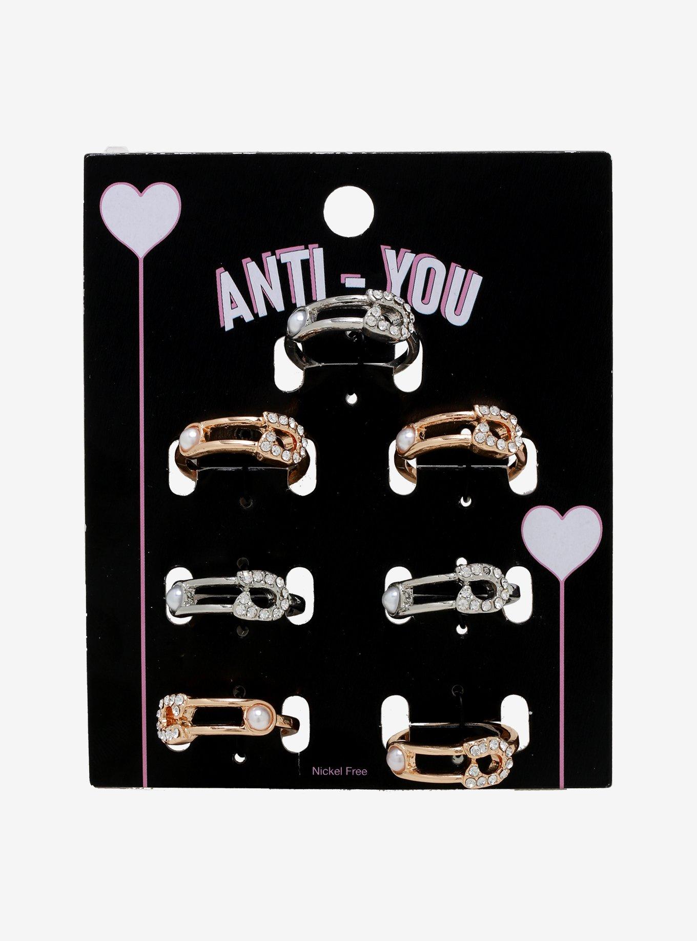 Silver & Gold CZ Safety Pin Ring Set, , alternate