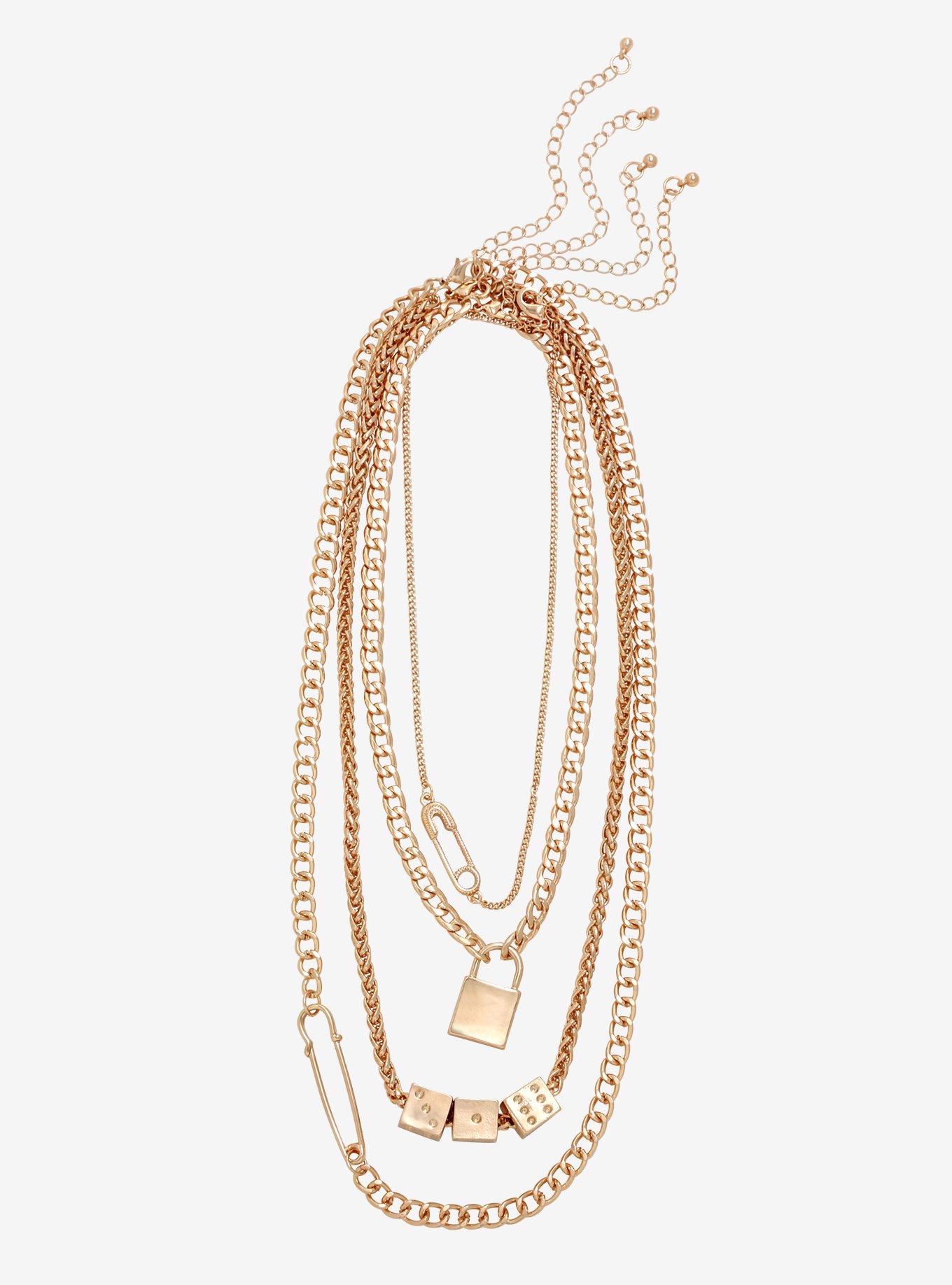 Gold Dice Safety Pin Padlock Chain Necklace Set, , alternate
