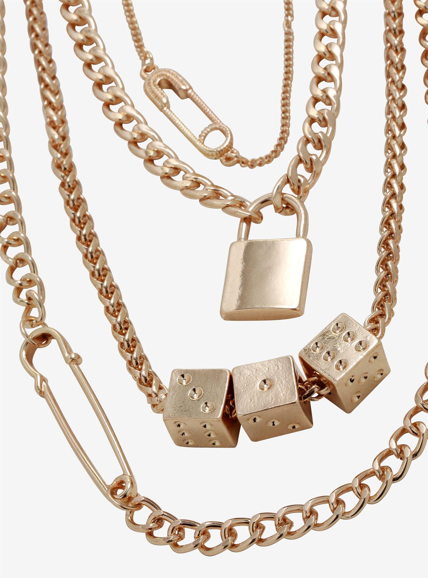 Gold Dice Safety Pin Padlock Chain Necklace Set, , alternate