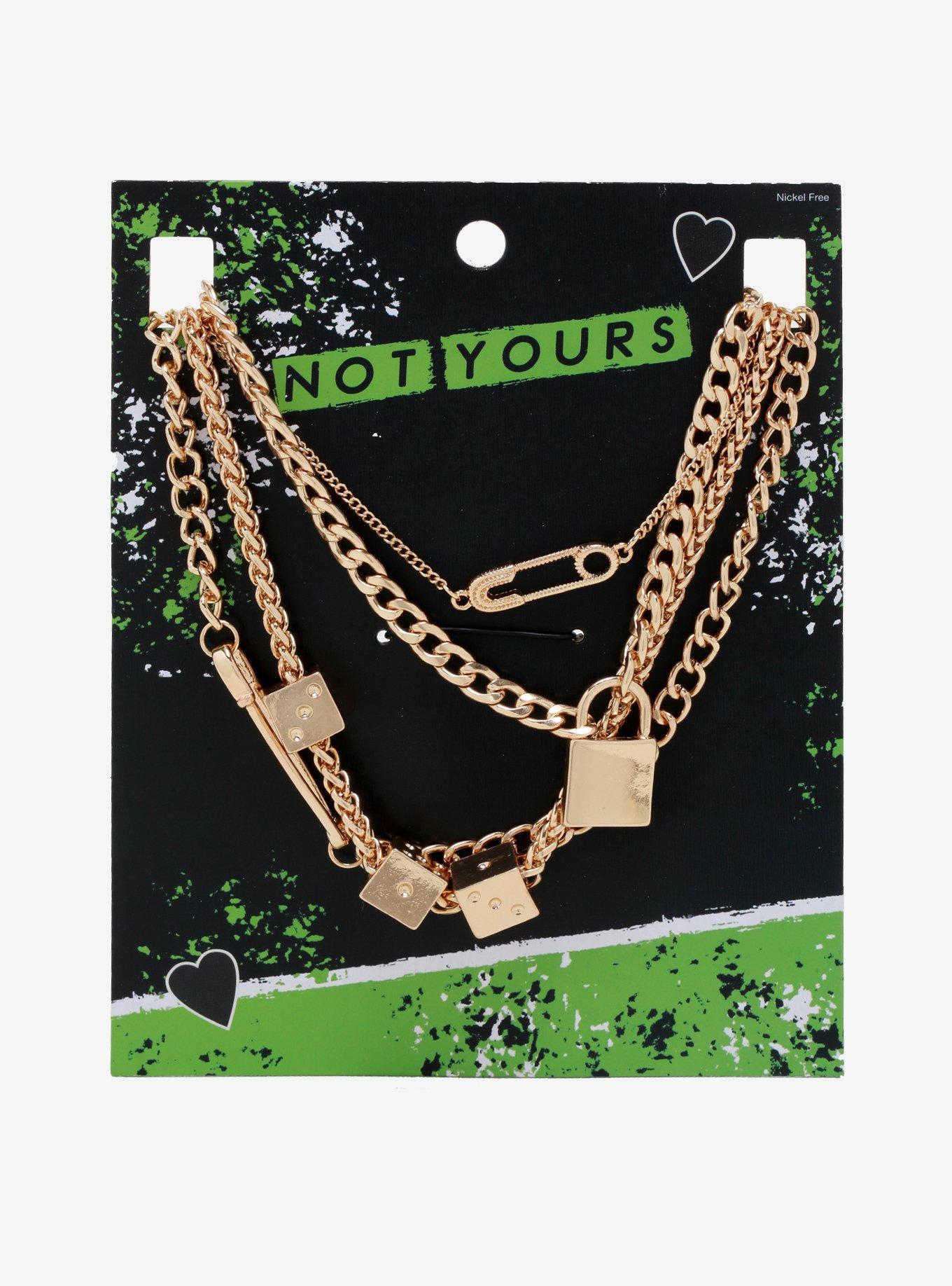 Gold Dice Safety Pin Padlock Chain Necklace Set, , alternate