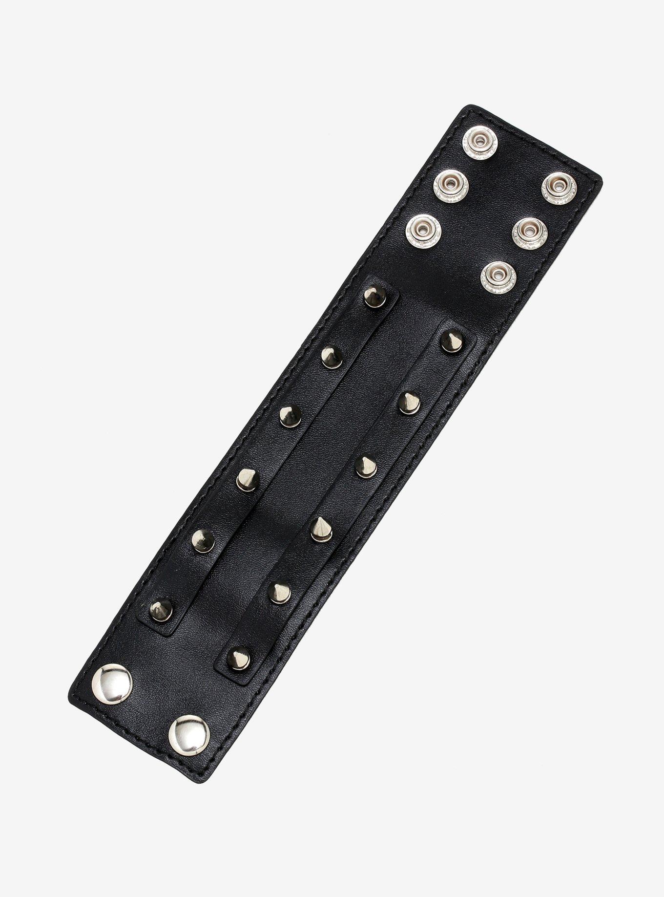Double Row Spike Stud Faux Leather Cuff Bracelet, , alternate
