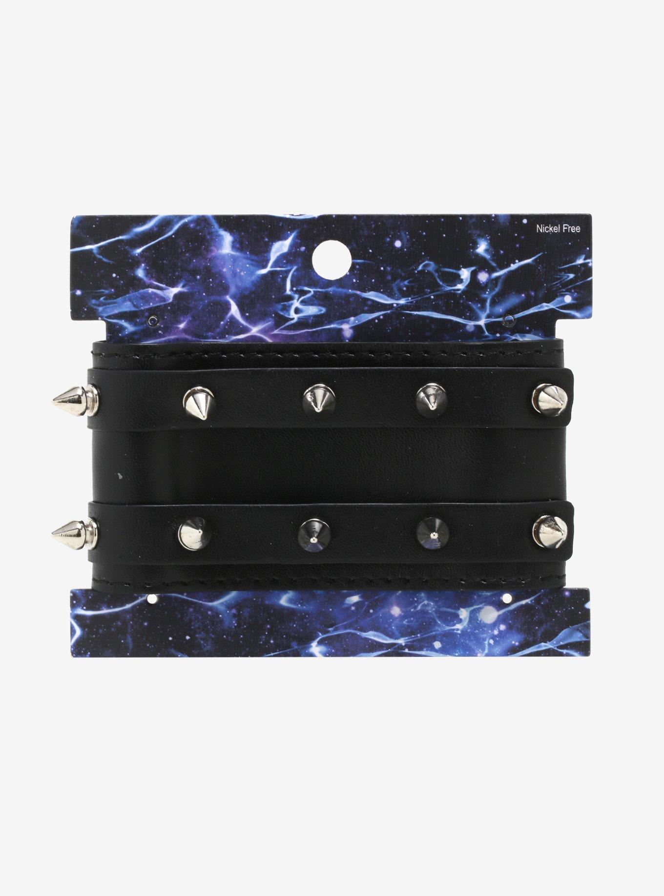 Double Row Spike Stud Faux Leather Cuff Bracelet, , alternate