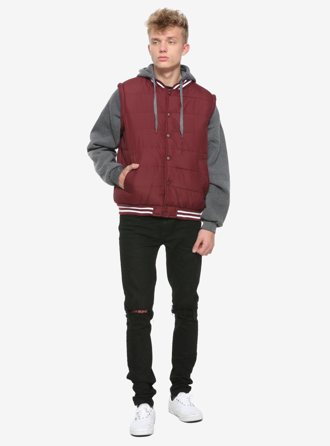 Burgundy & Grey Hooded Puffer Jacket, BURGUNDY, alternate