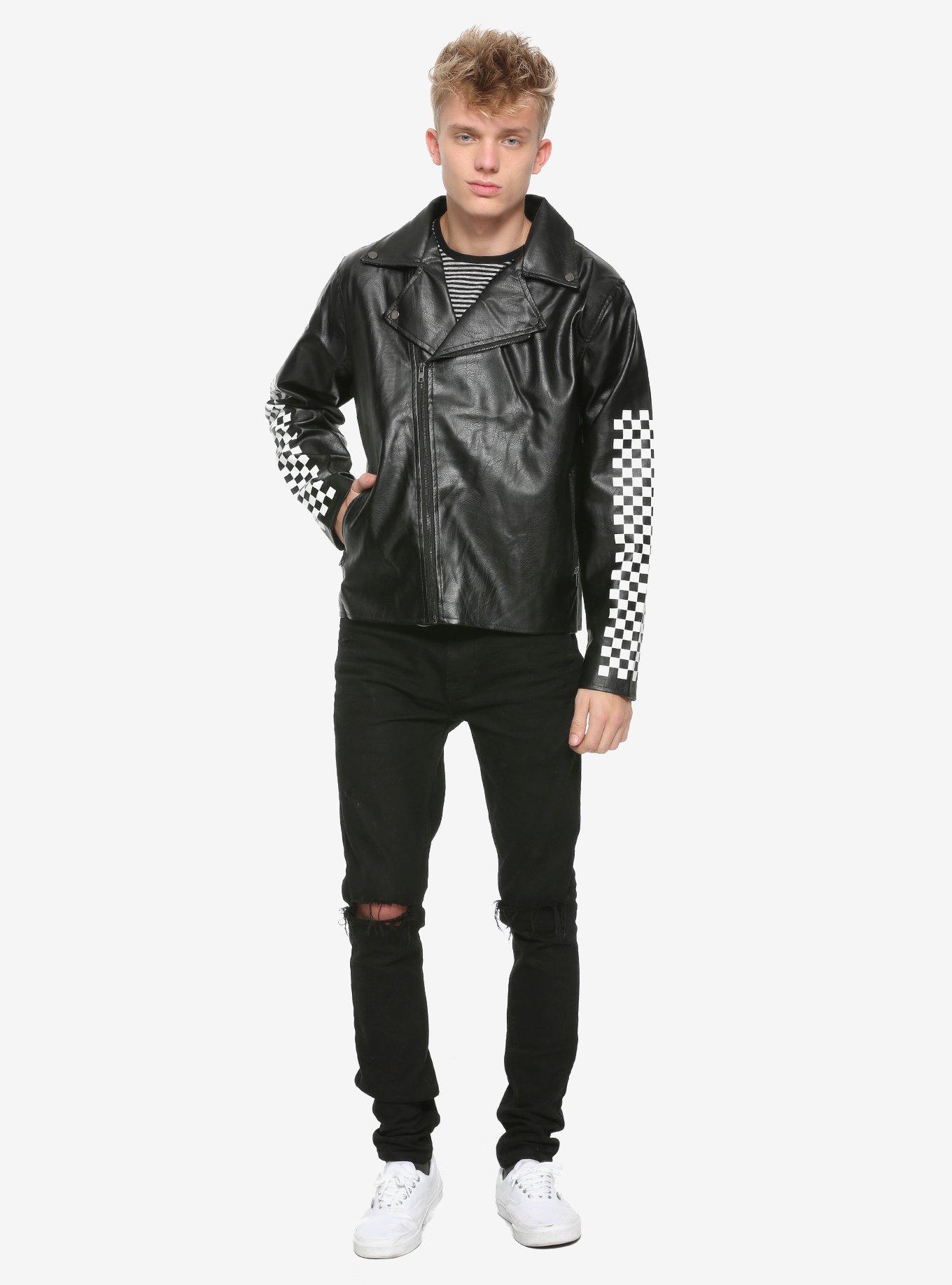 Black Checkered Faux Leather Moto Jacket, BLACK, alternate