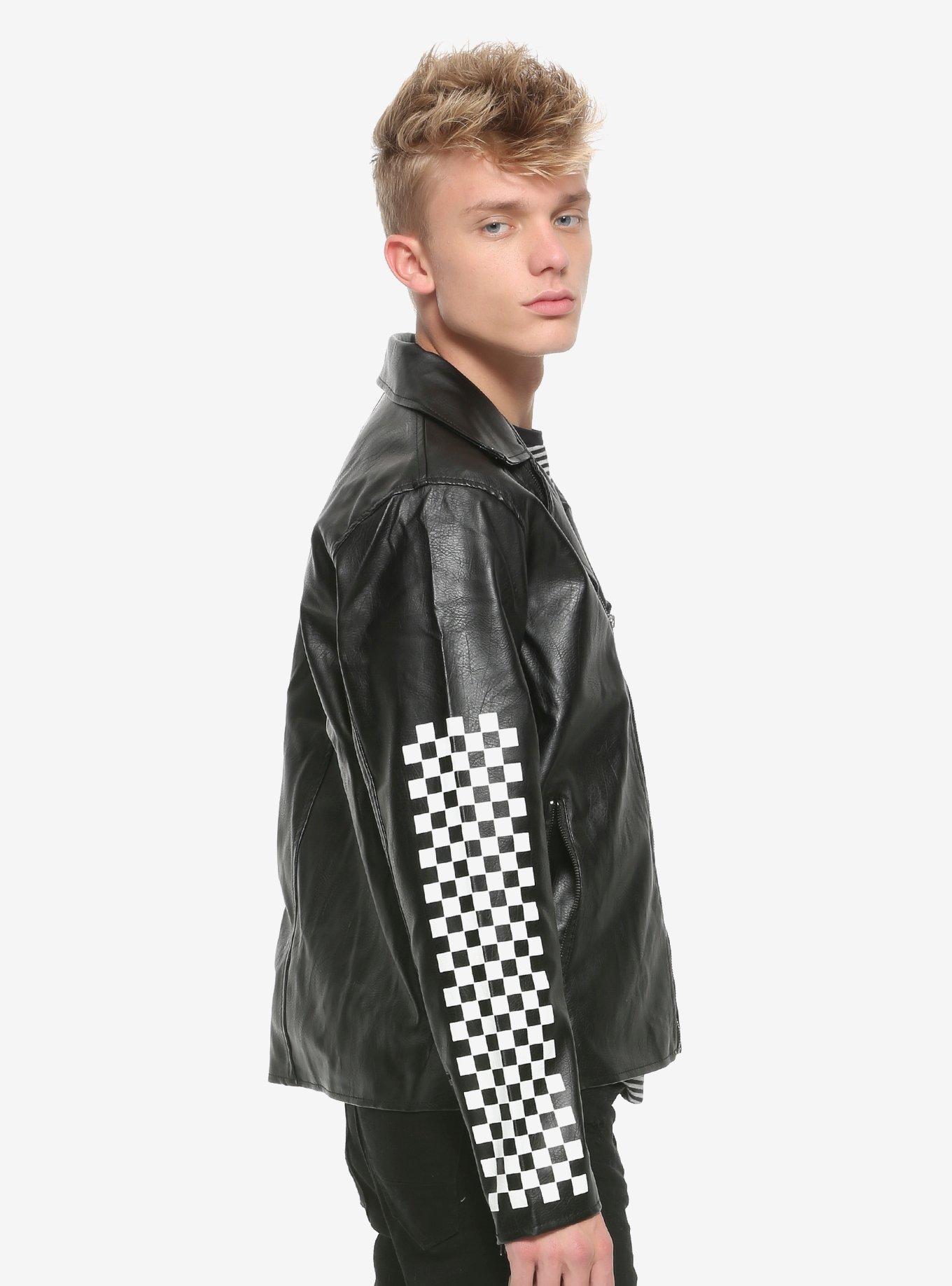 Black Checkered Faux Leather Moto Jacket, BLACK, alternate