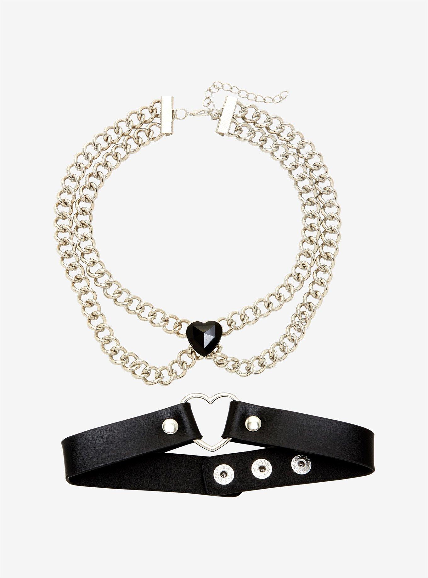 Heart Faux Leather Chain Choker Set, , alternate