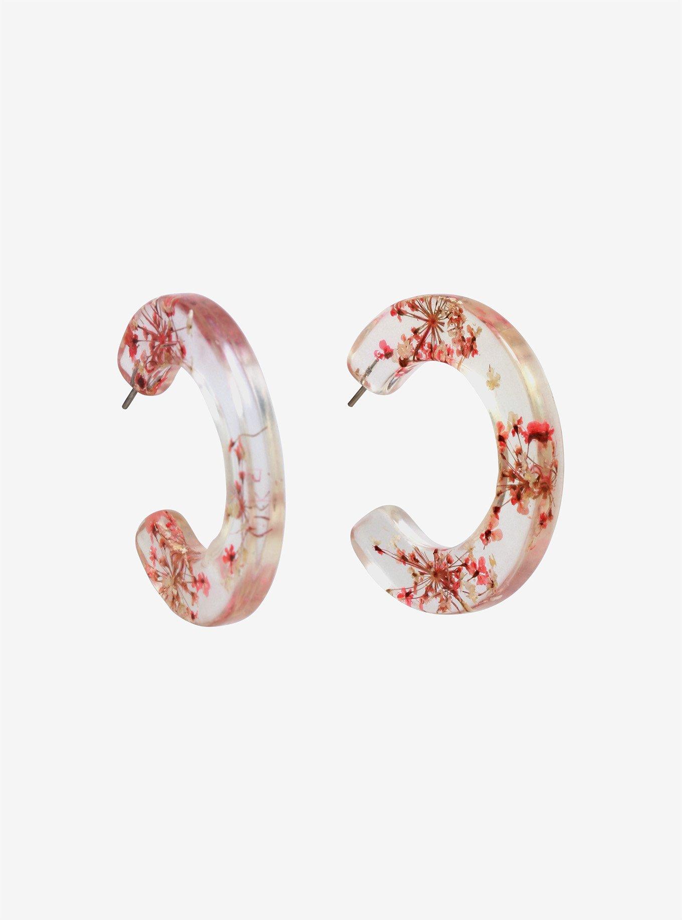 Pink Dried Flower & Clear Hoop Earrings, , alternate