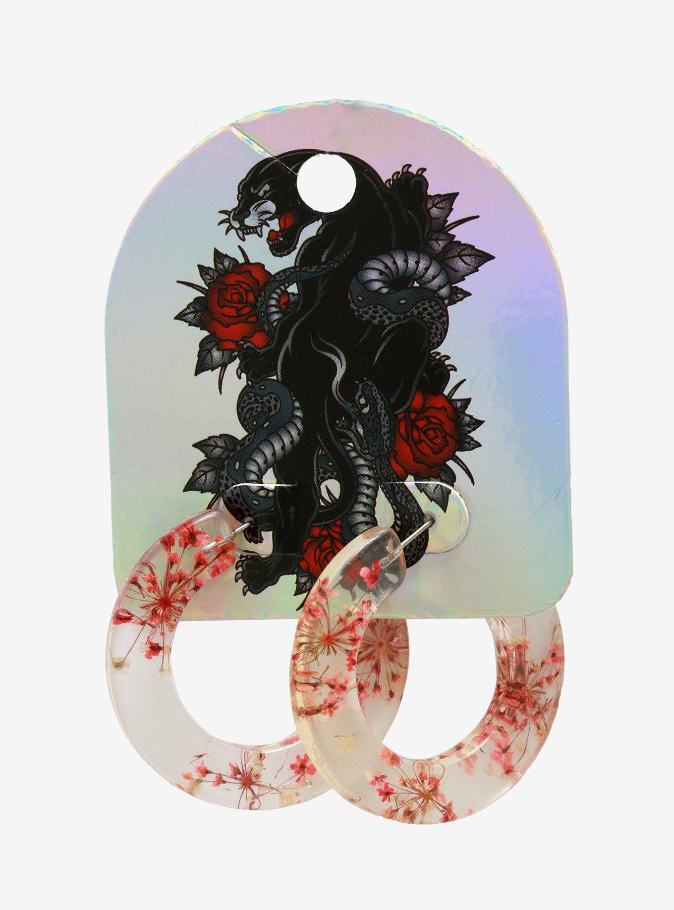 Pink Dried Flower & Clear Hoop Earrings, , alternate