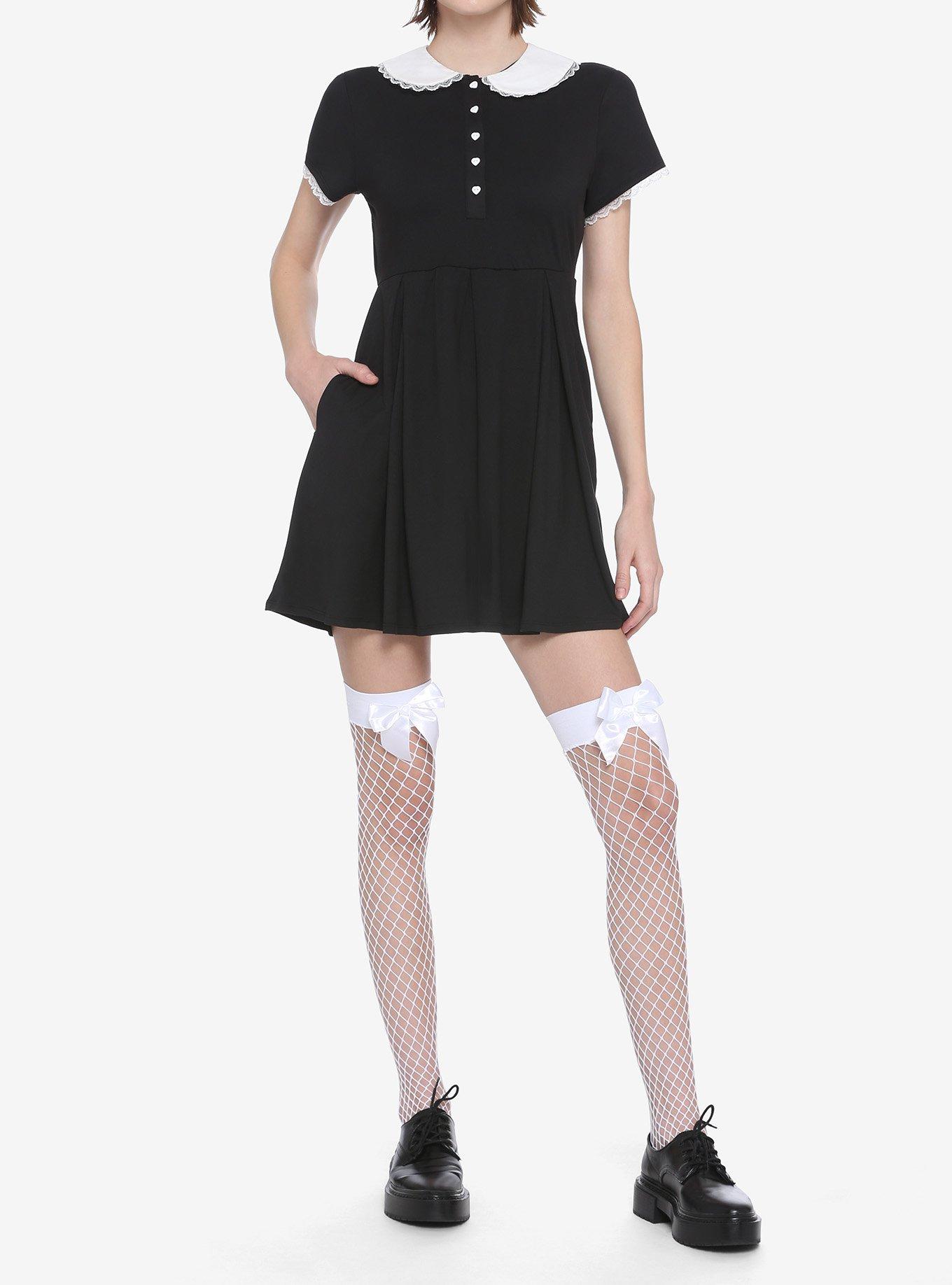 Lace Collar Black Dress, BLACK, alternate