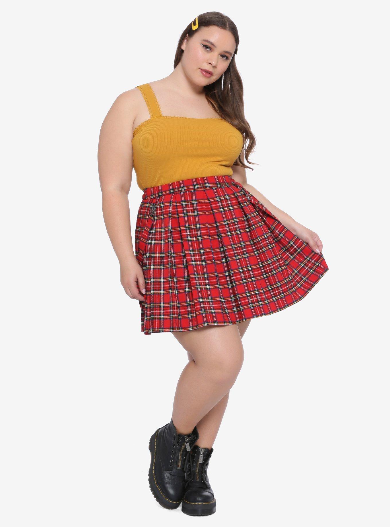 Red Plaid Pleated Suspender Skirt Plus Size, PLAID - RED, alternate