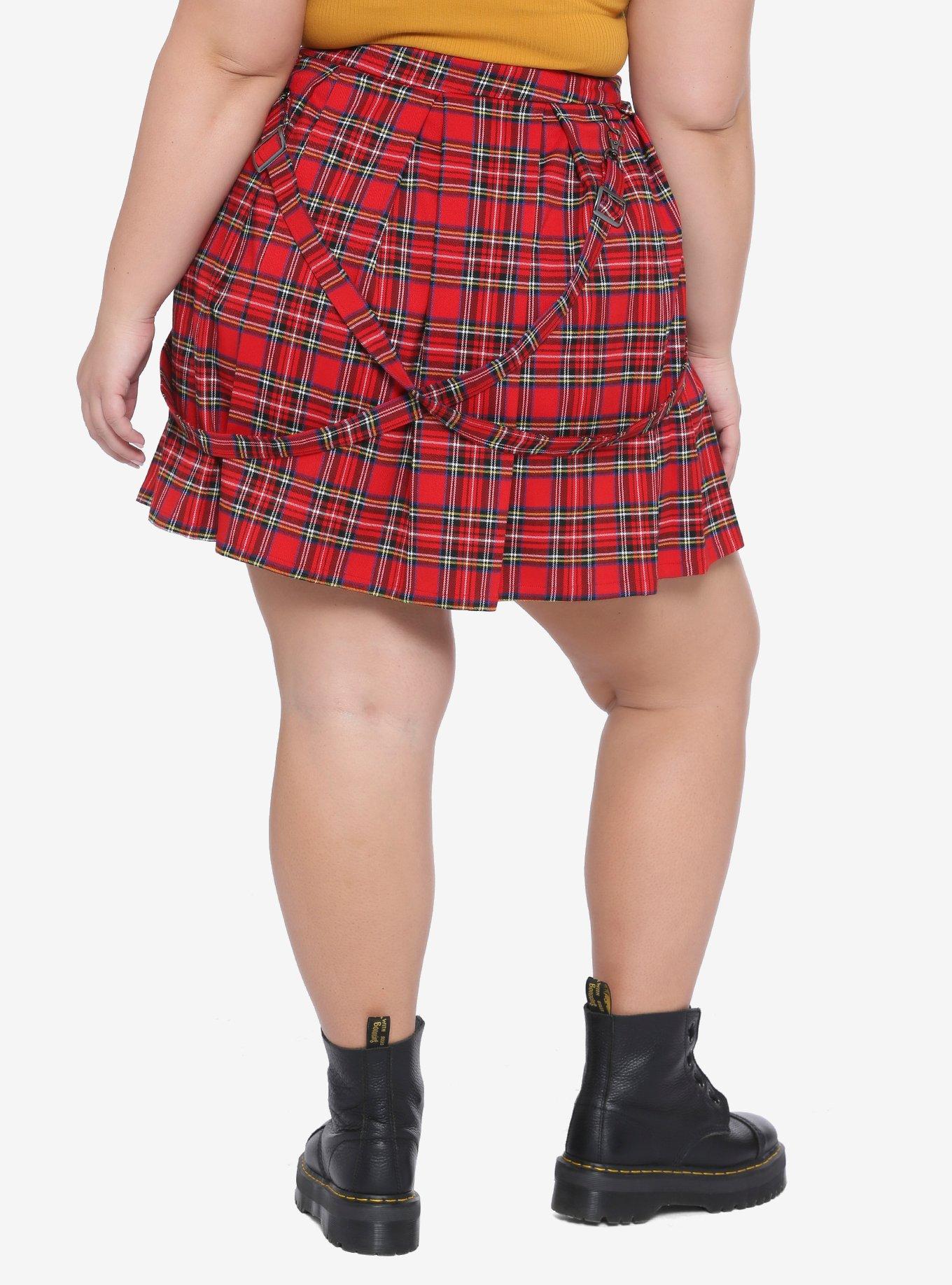 Red Plaid Pleated Suspender Skirt Plus Size, PLAID - RED, alternate