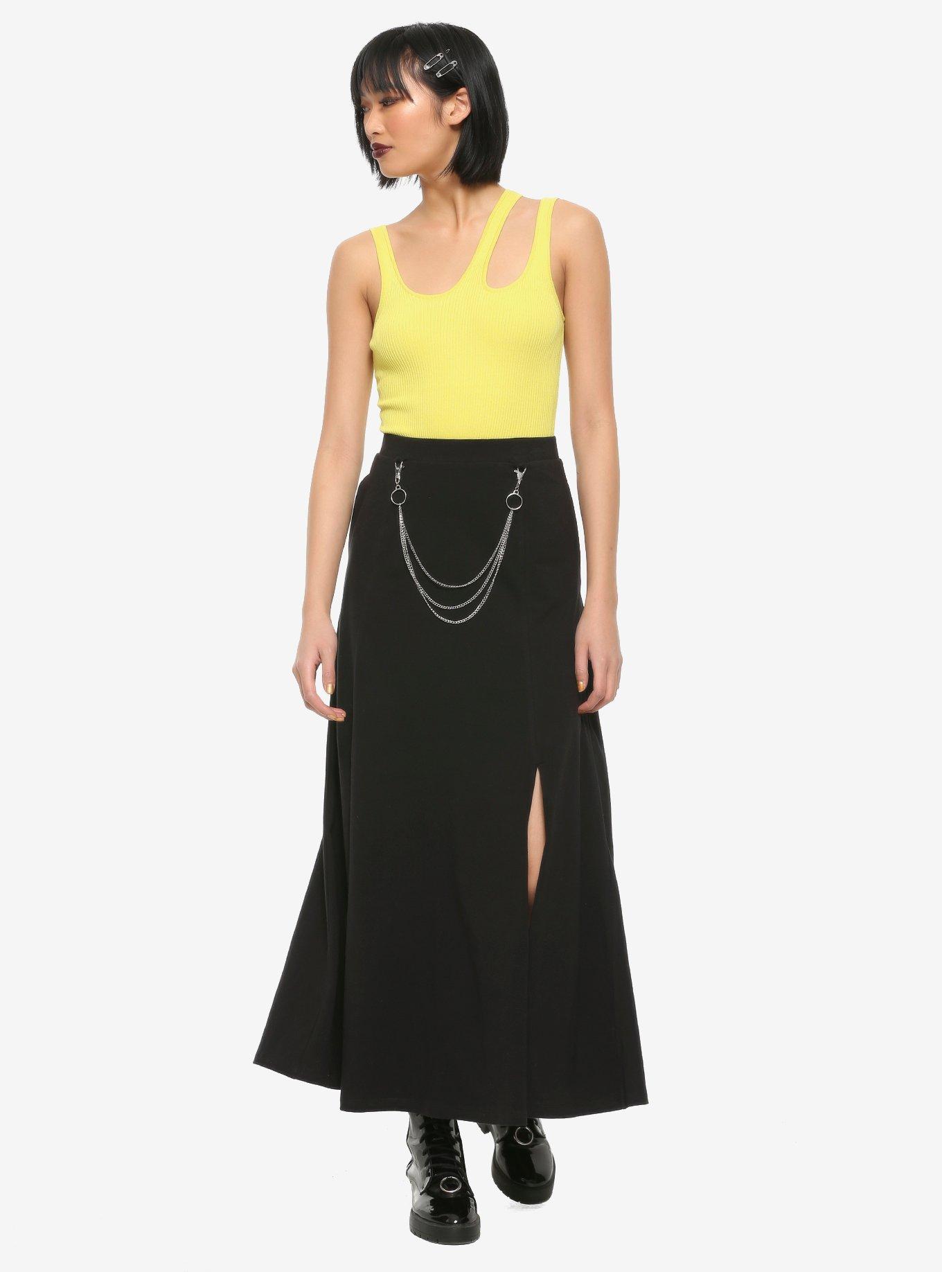 Chain & Double Slits Black Maxi Skirt, BLACK, alternate