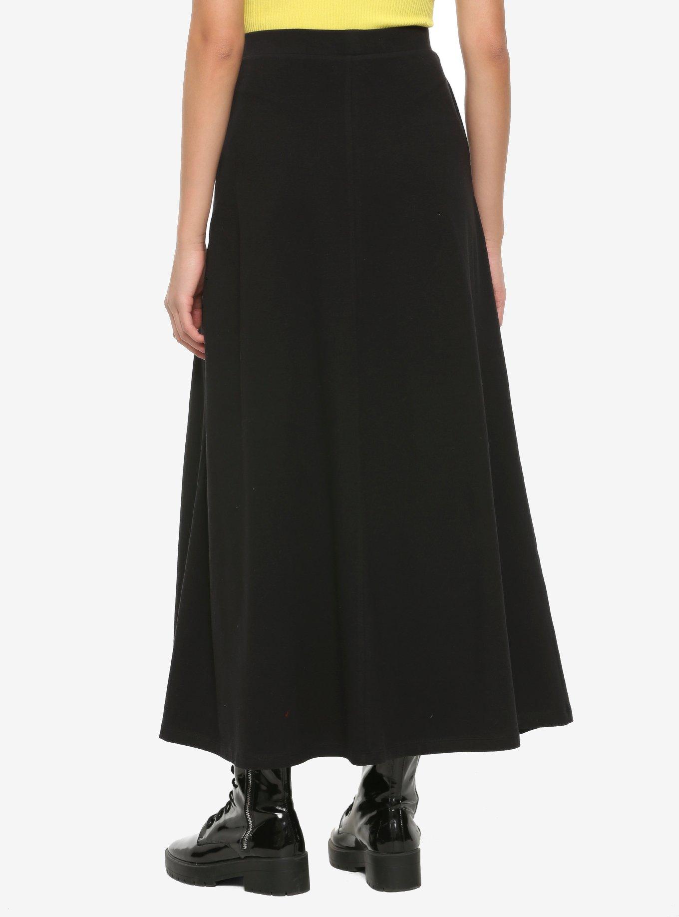 Chain & Double Slits Black Maxi Skirt, BLACK, alternate