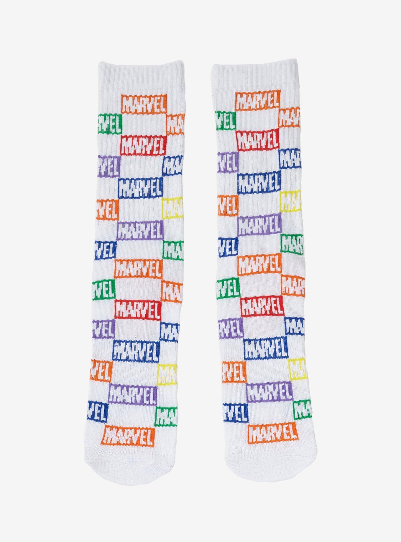 Marvel Logo Rainbow Checkered Crew Socks - BoxLunch Exclusive, , alternate
