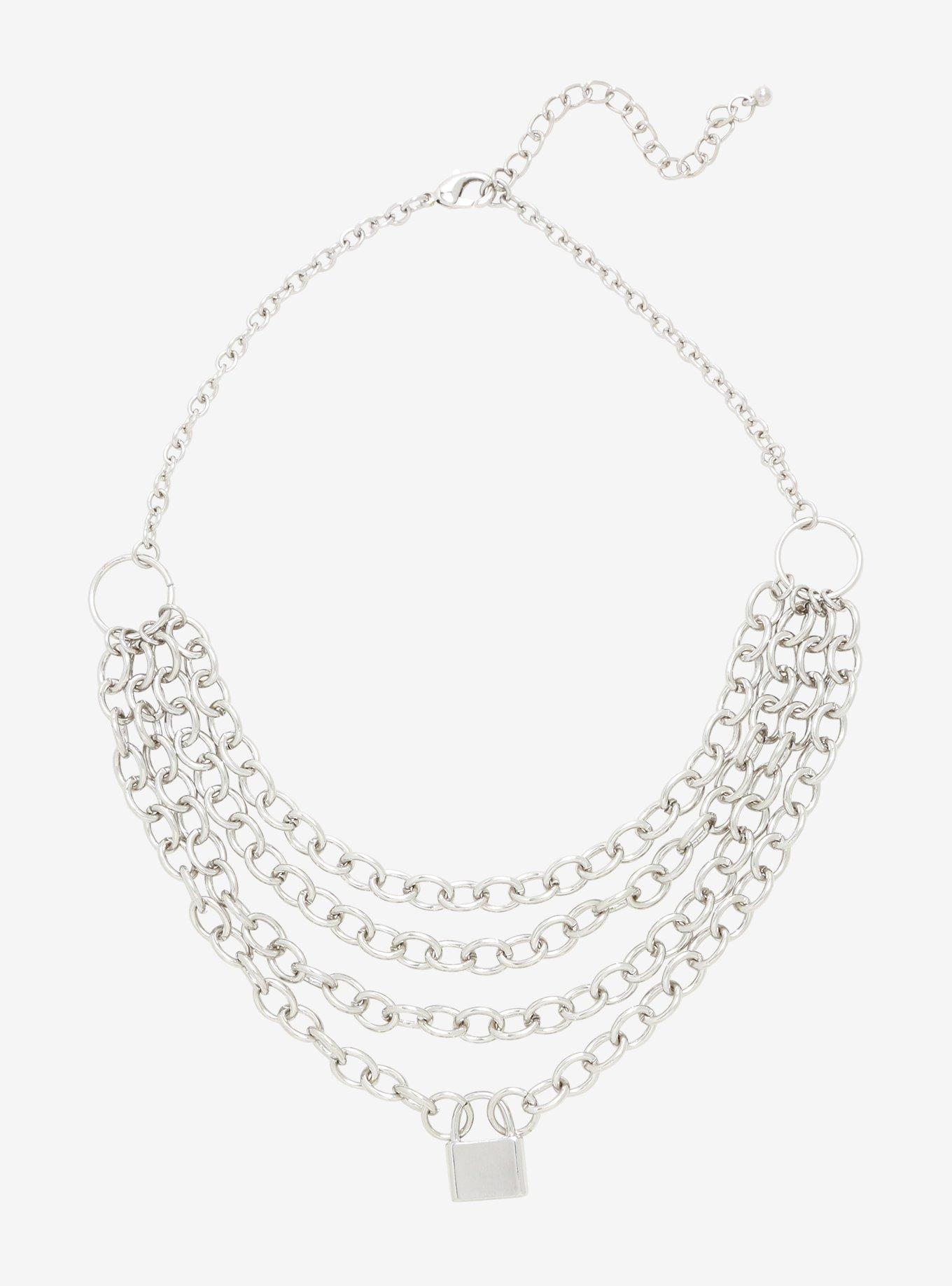 Silver Padlock Layered Chain Necklace, , alternate