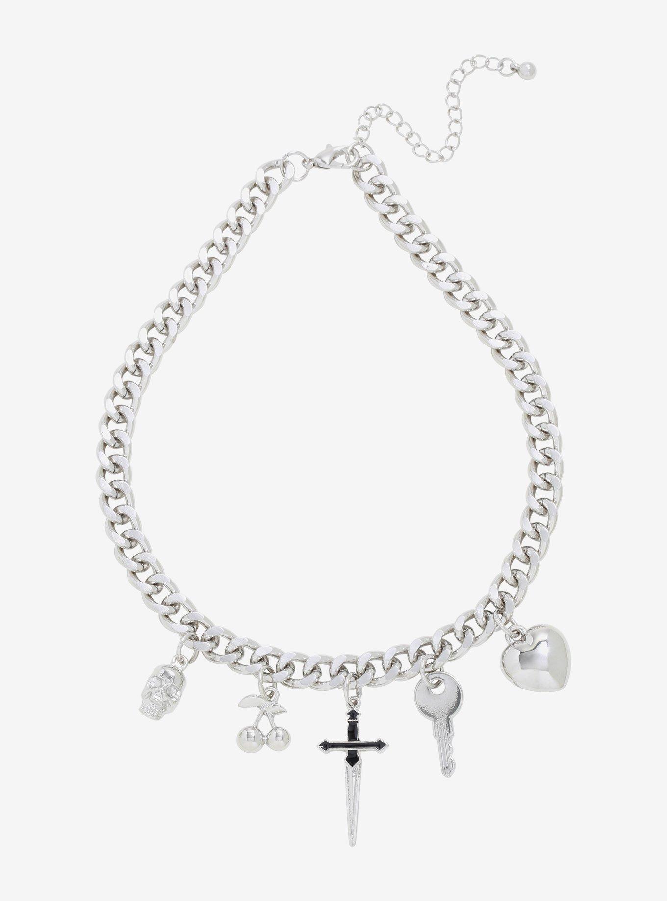 Heart Cherry Skull Charm Silver Chain Choker, , alternate