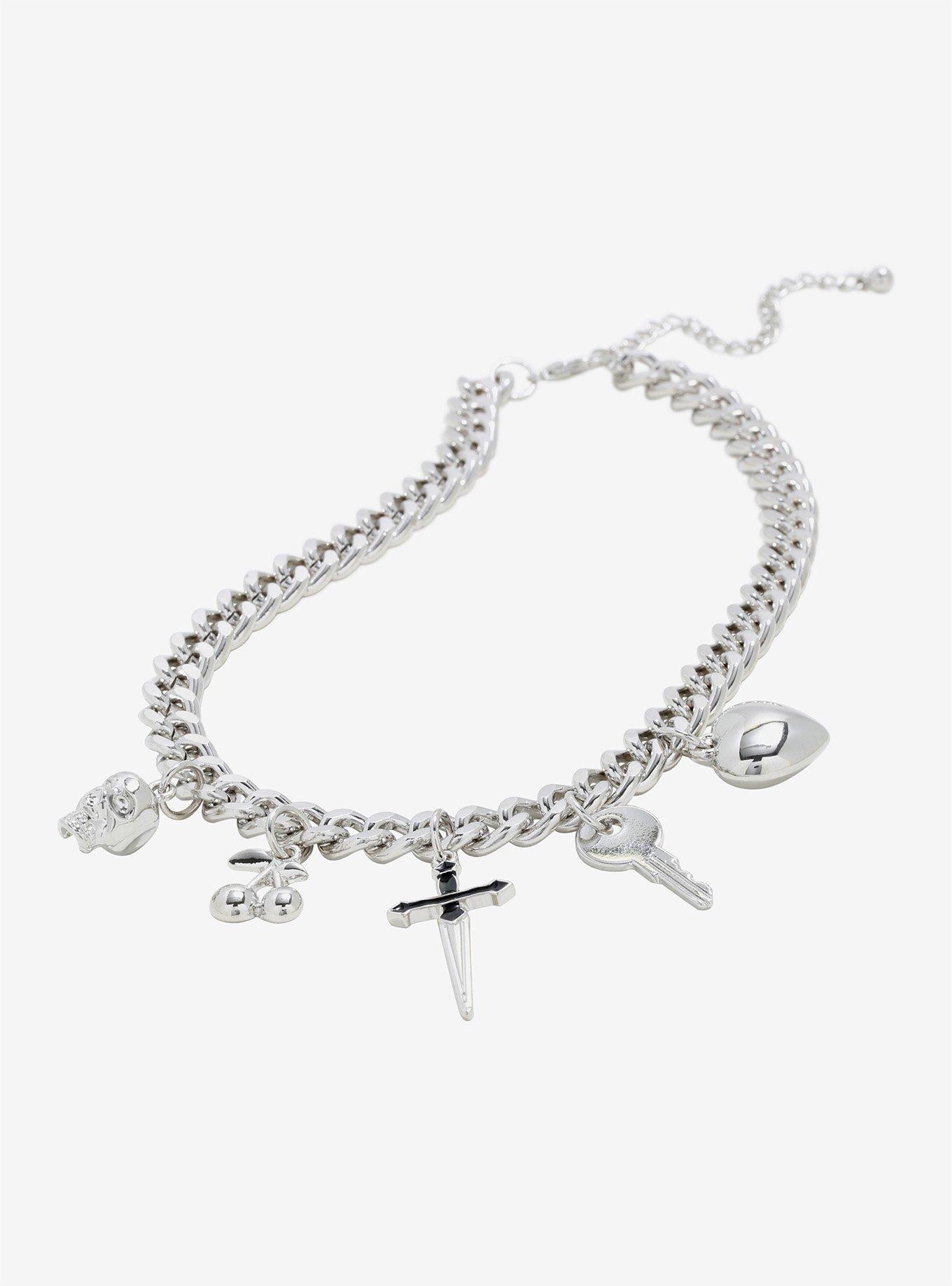 Heart Cherry Skull Charm Silver Chain Choker, , alternate