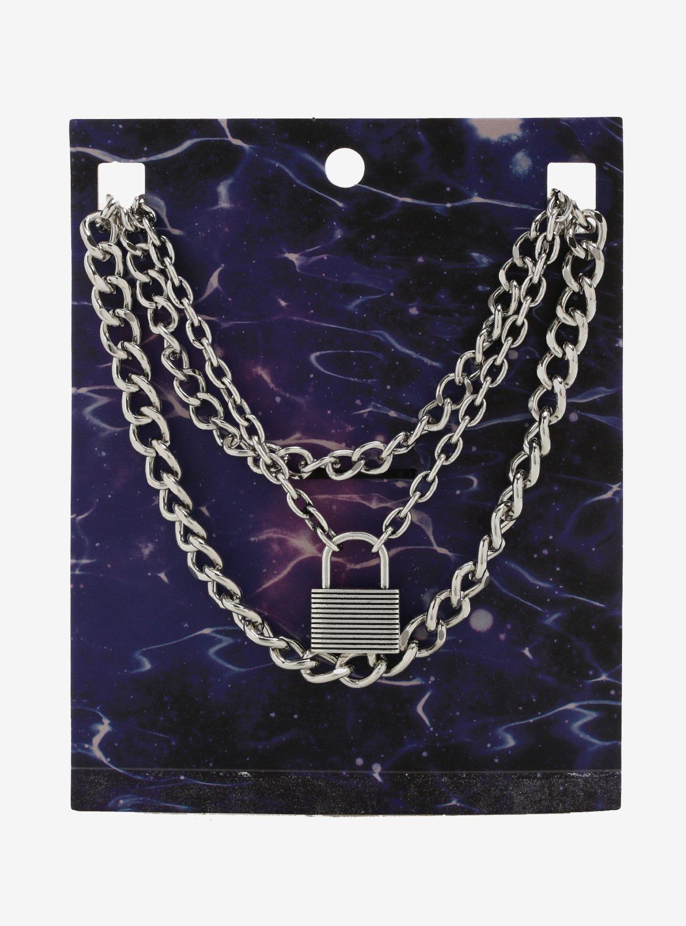 Silver Padlock Chain Necklace Set, , alternate