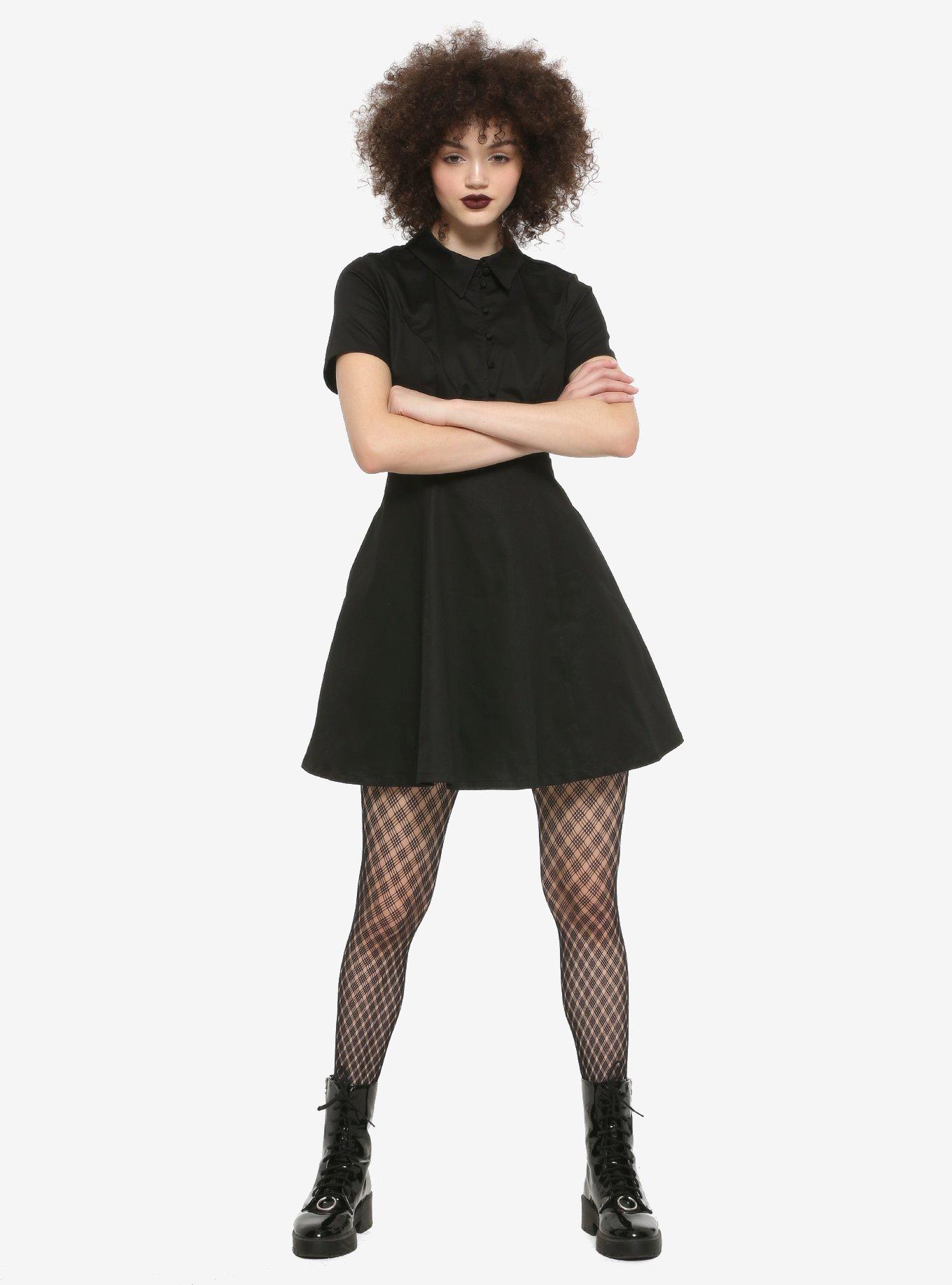 Black Button-Front Collared Dress, BLACK, alternate