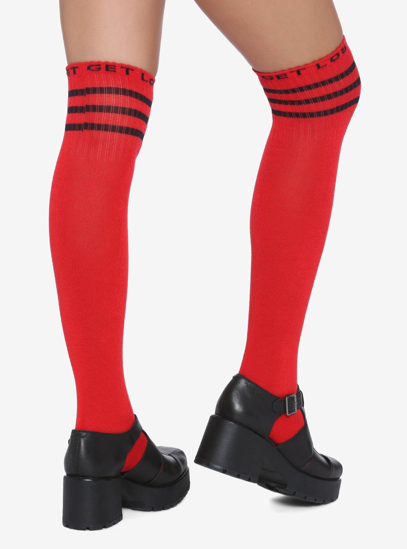 Get Lost Red & Black Over-The-Knee Socks, , alternate