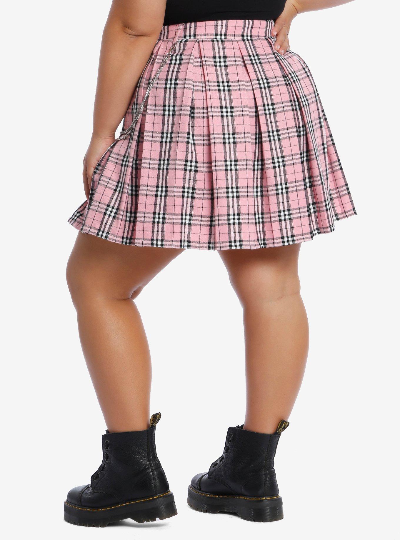 Pink Plaid Pleated Chain Skirt Plus Size, PLAID - PINK, alternate