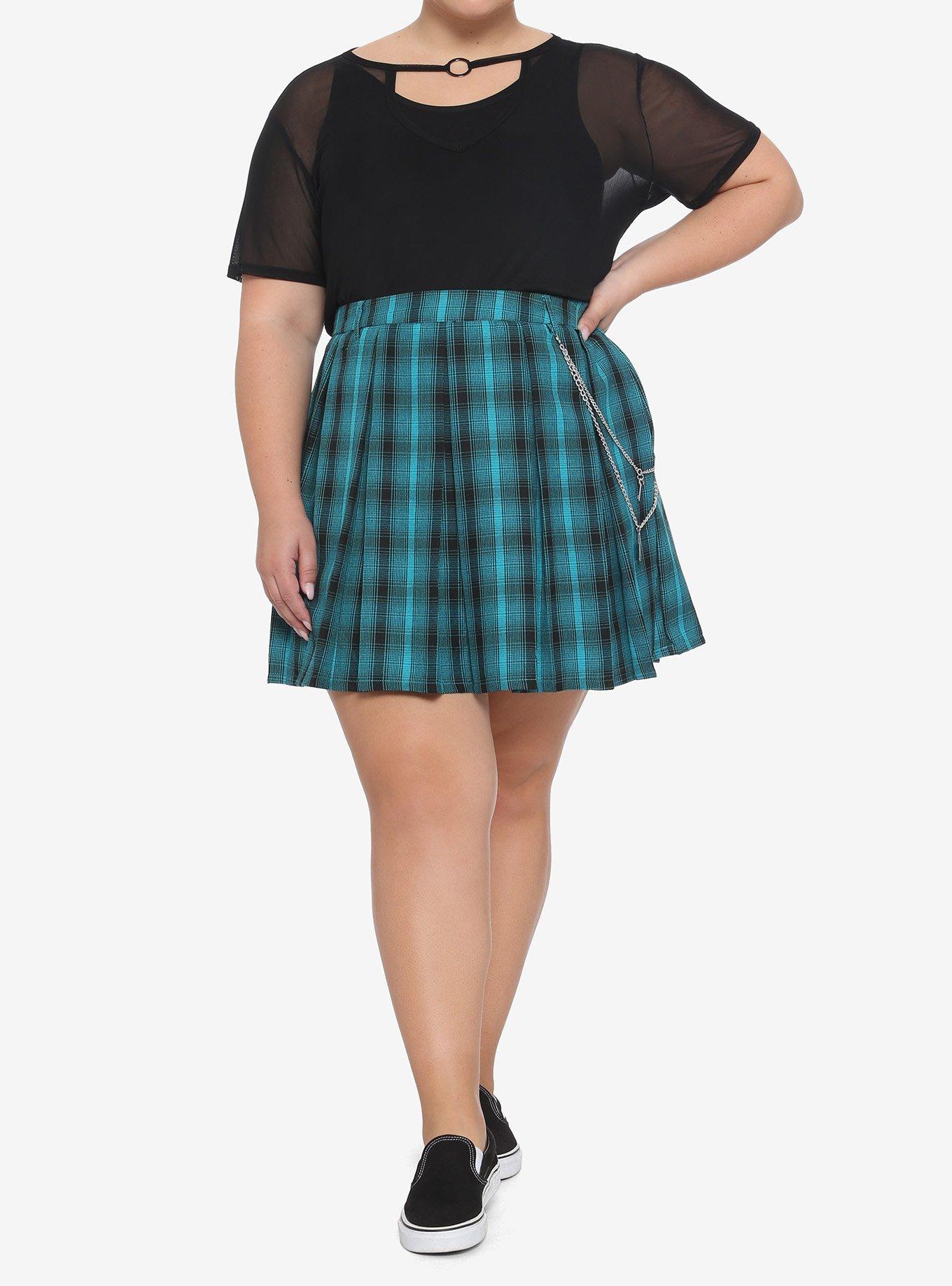 Teal Plaid Pleated Chain Skirt Plus Size, TEAL, alternate