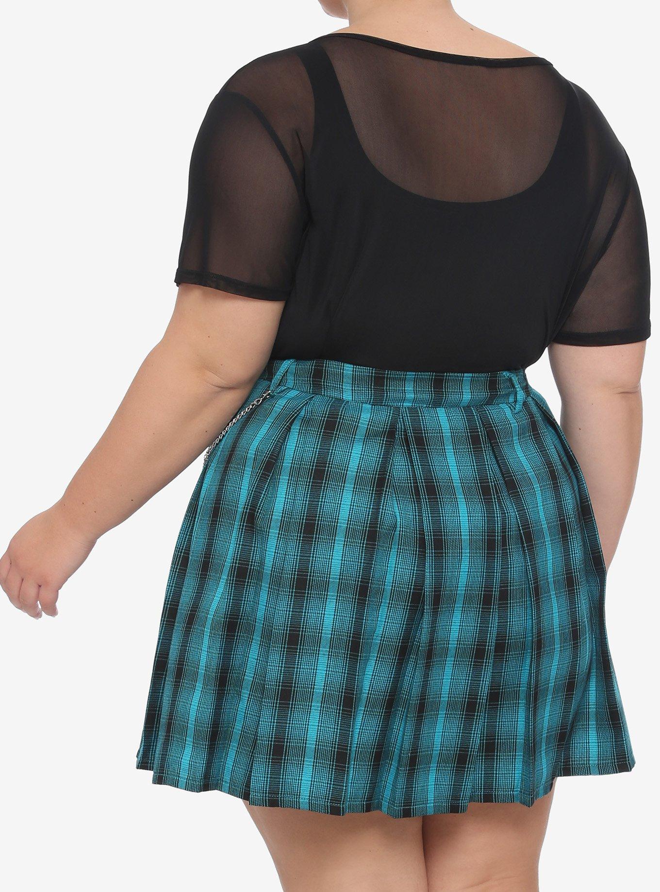 Teal Plaid Pleated Chain Skirt Plus Size, TEAL, alternate