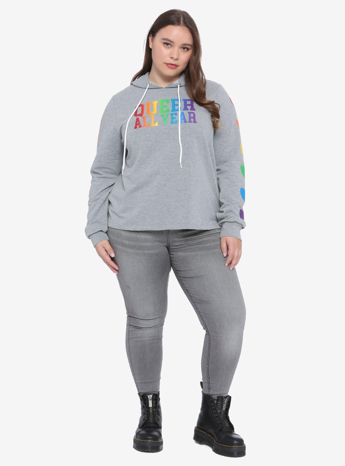 Queer All Year Girls Crop Hoodie Plus Size, RAINBOW, alternate