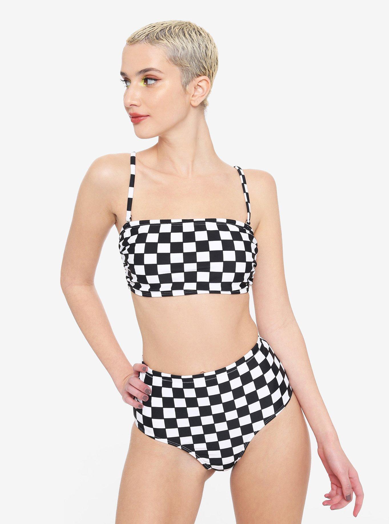 Black & White Checkered High-Waisted Swim Bottoms, MULTI, alternate