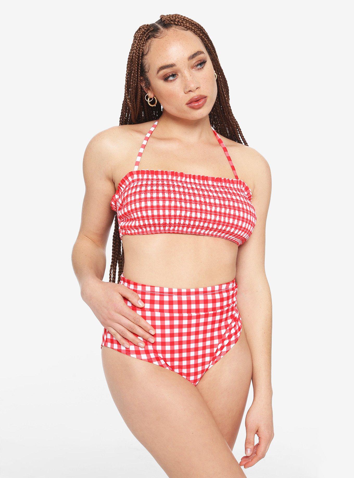 Red & White Gingham Smocked Bandeau Halter Swim Top, RED, alternate