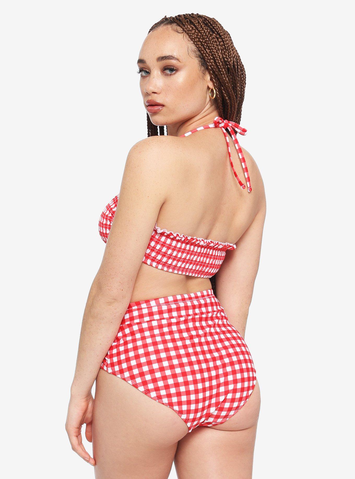 Red & White Gingham Smocked Bandeau Halter Swim Top, RED, alternate